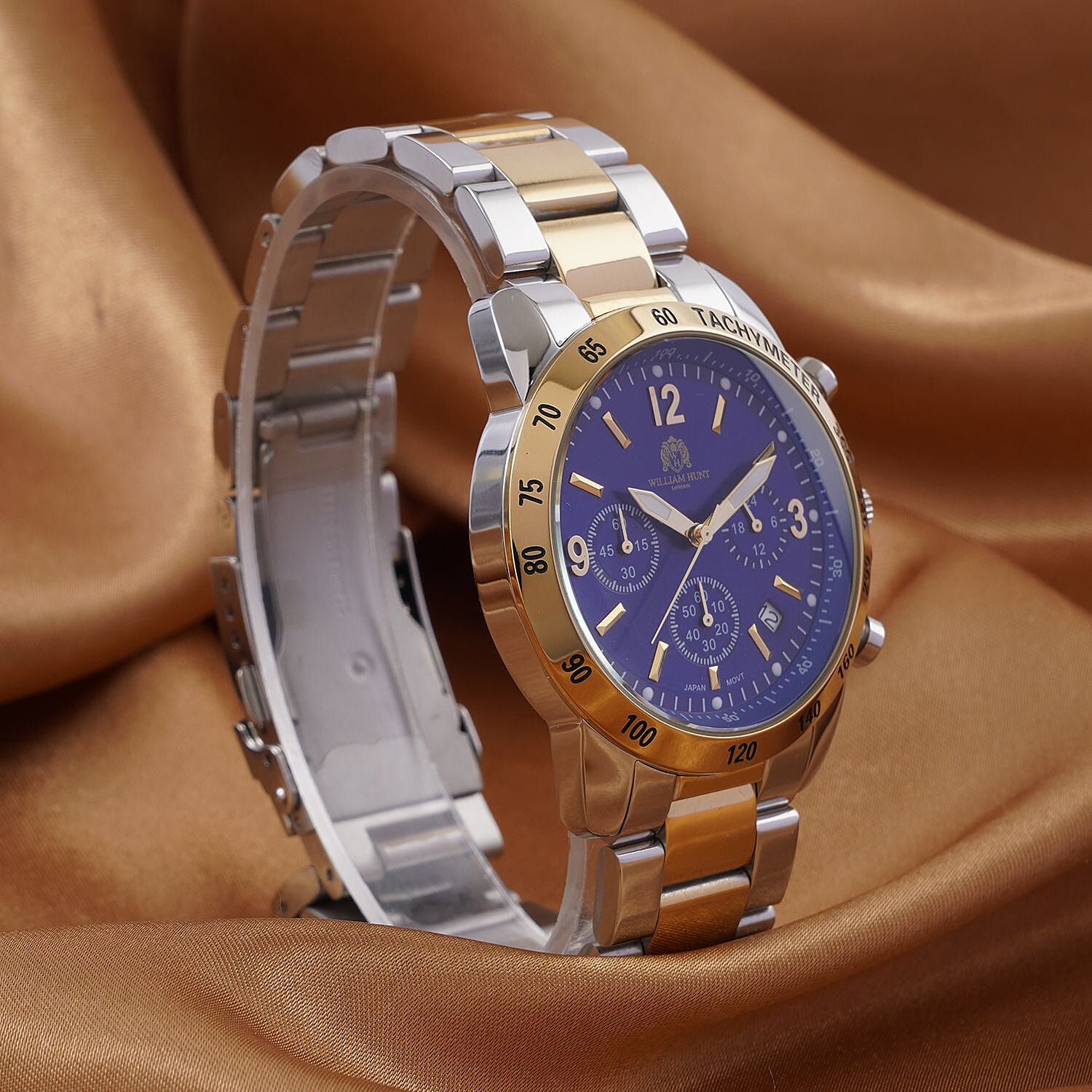 William Hunt Designer Watch with fully functional Chronograph  Water Resistant Blue Dial with Luminous Hour Markers and watch hands with Two tone Metallic Strap