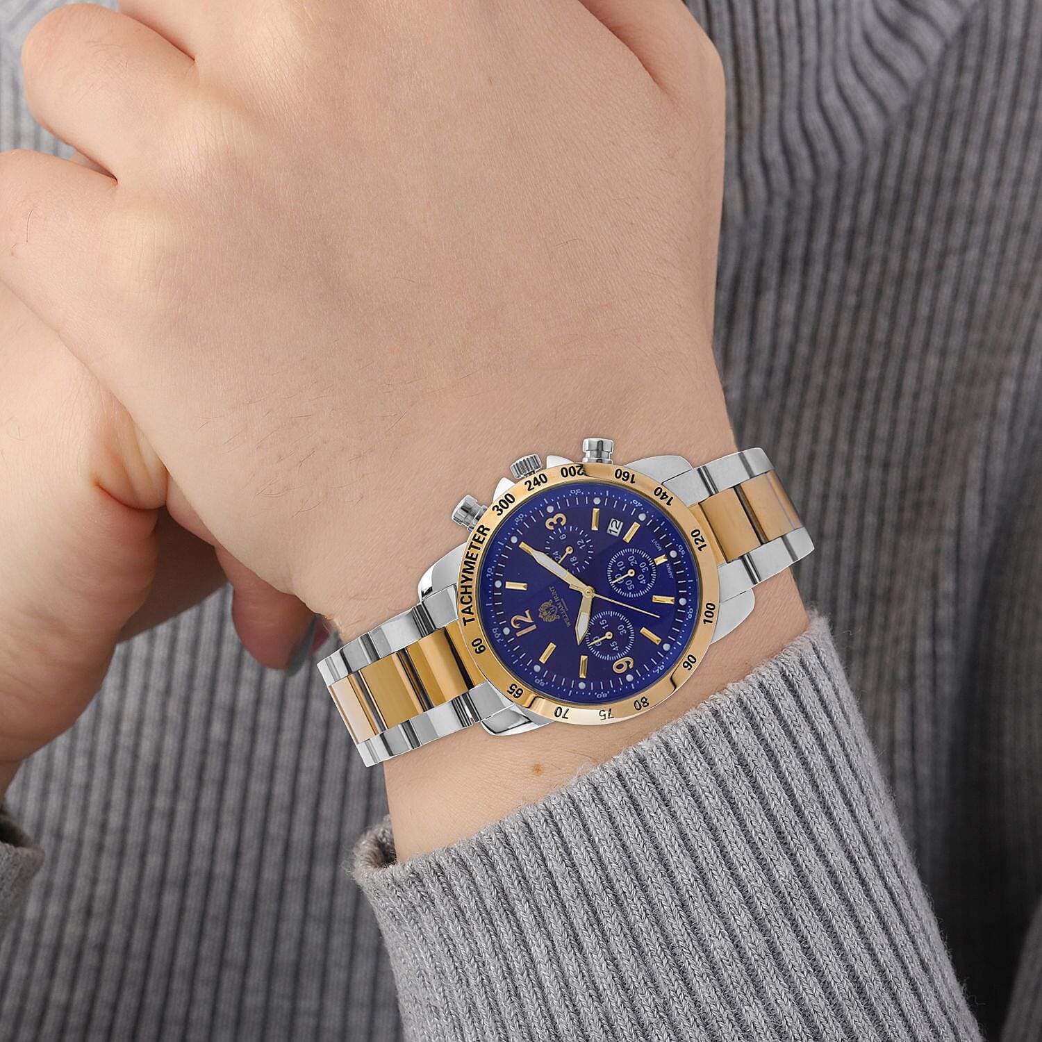 William Hunt Designer Watch with fully functional Chronograph  Water Resistant Blue Dial with Luminous Hour Markers and watch hands with Two tone Metallic Strap