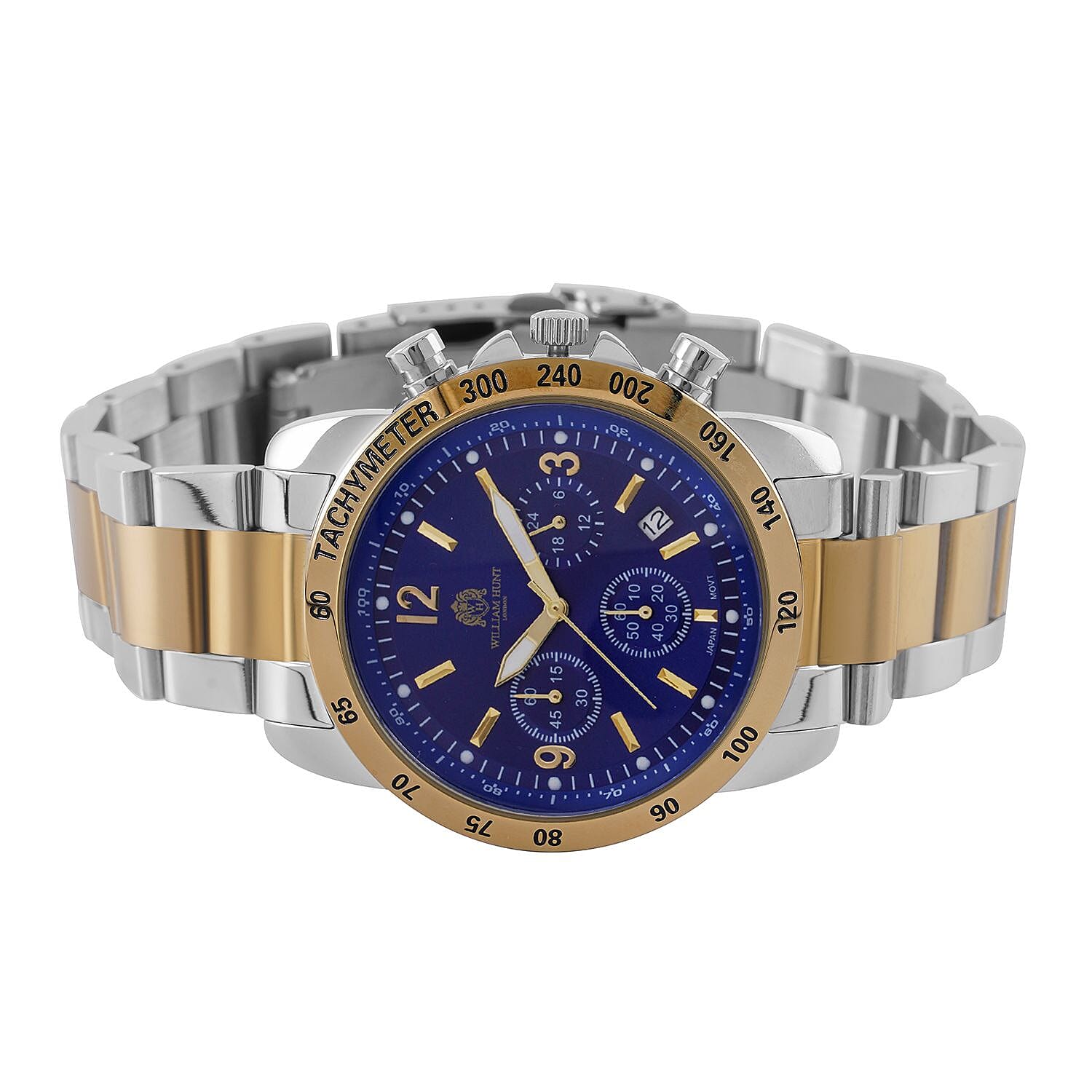 William Hunt Designer Watch with fully functional Chronograph  Water Resistant Blue Dial with Luminous Hour Markers and watch hands with Two tone Metallic Strap