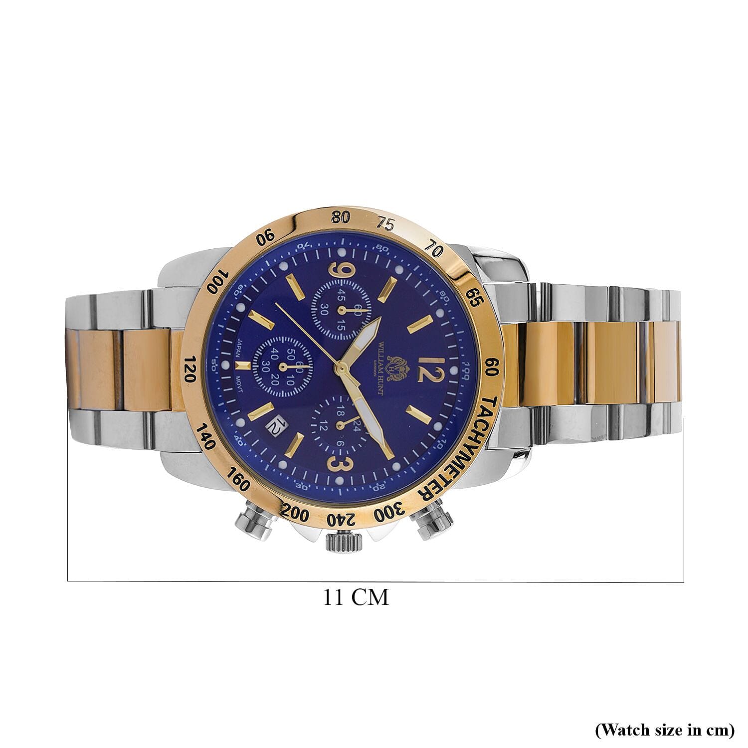 William Hunt Designer Watch with fully functional Chronograph  Water Resistant Blue Dial with Luminous Hour Markers and watch hands with Two tone Metallic Strap