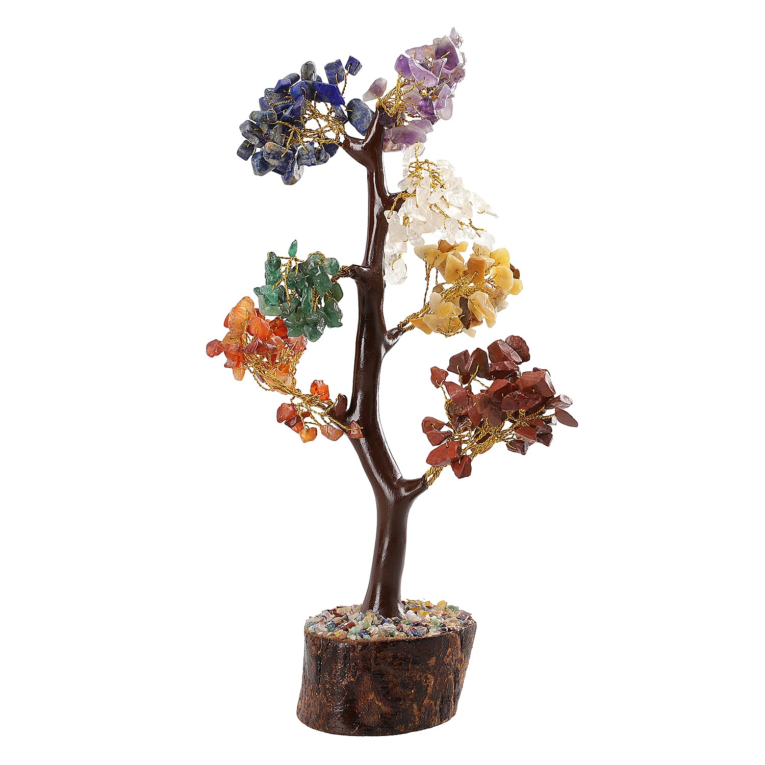 Gem Treasures - Decorative Handmade Multi 7 Chakra  Gemstone Tree with Wooden Base, Size (23x5 Cm)