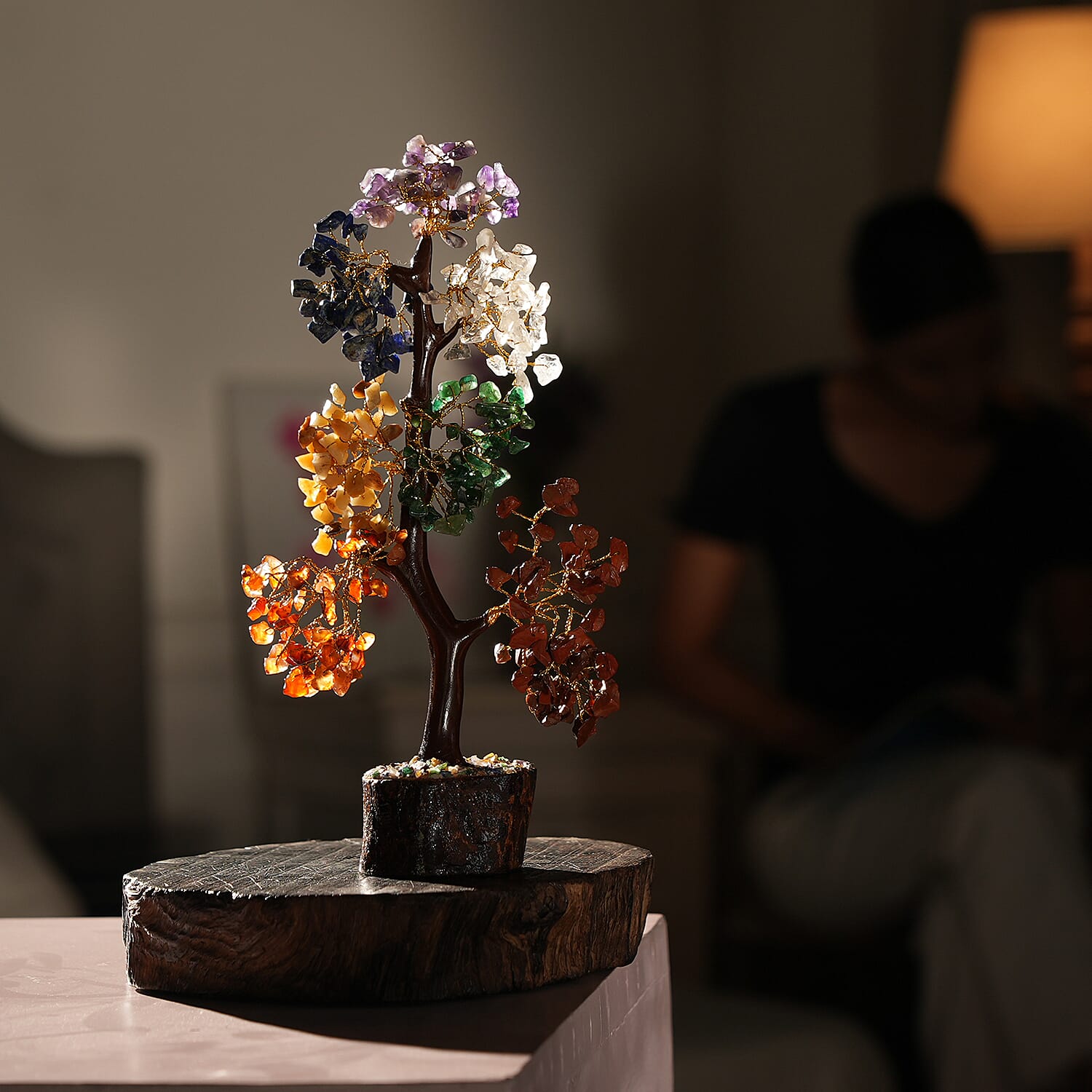 Gem Treasures - Decorative Handmade Multi 7 Chakra  Gemstone Tree with Wooden Base, Size (23x5 Cm)