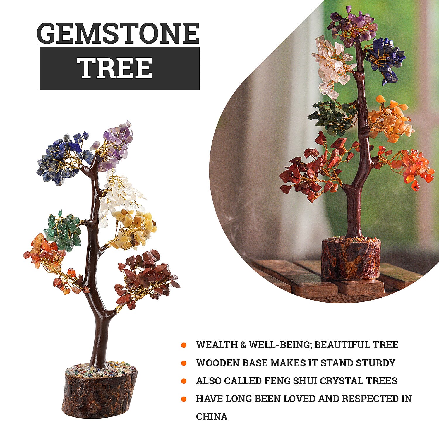 Gem Treasures - Decorative Handmade Multi 7 Chakra  Gemstone Tree with Wooden Base, Size (23x5 Cm)