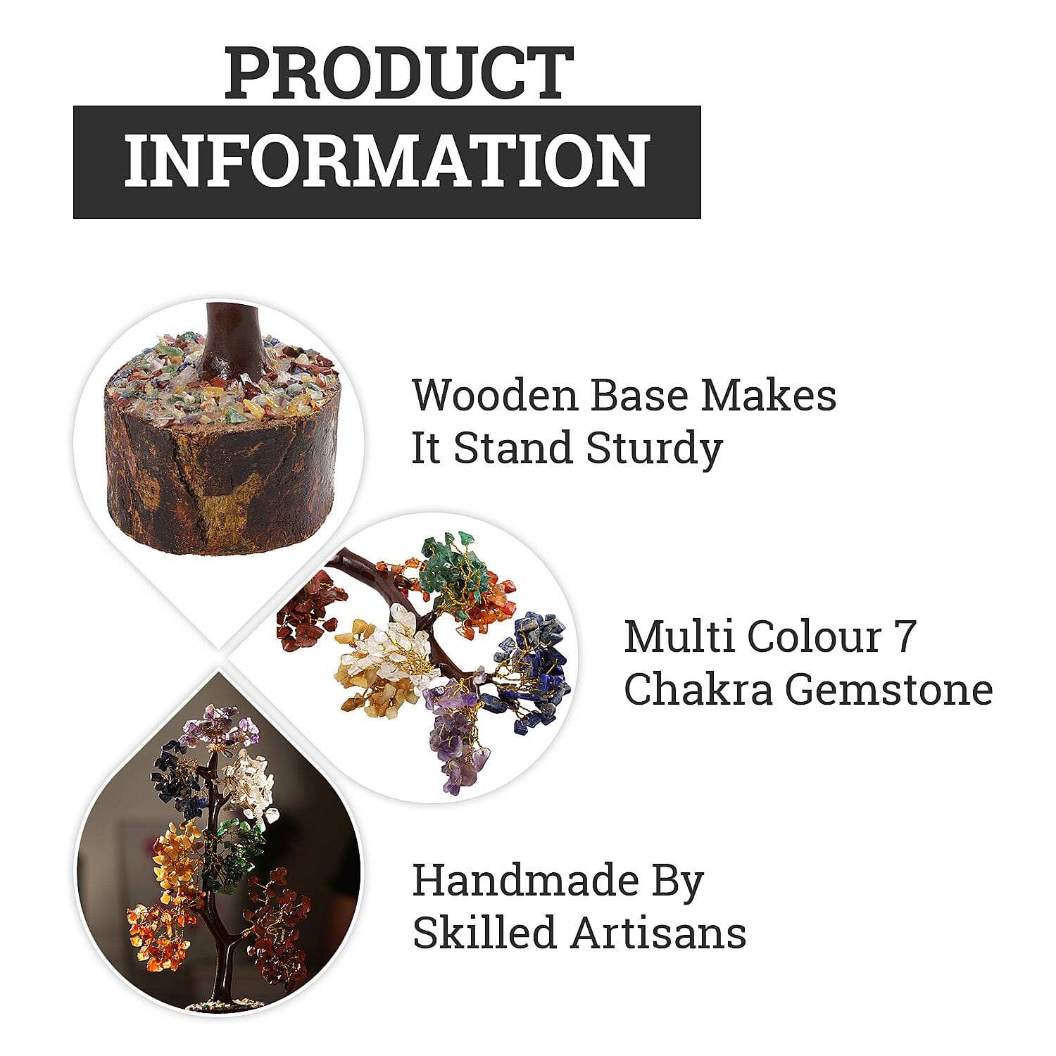 Gem Treasures - Decorative Handmade Multi 7 Chakra  Gemstone Tree with Wooden Base, Size (23x5 Cm)