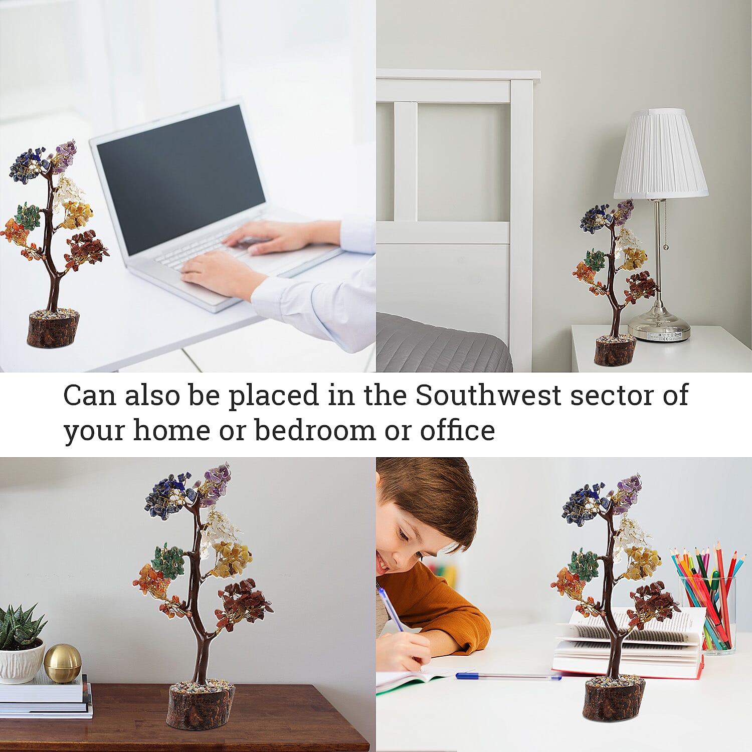 Gem Treasures - Decorative Handmade Multi 7 Chakra  Gemstone Tree with Wooden Base, Size (23x5 Cm)