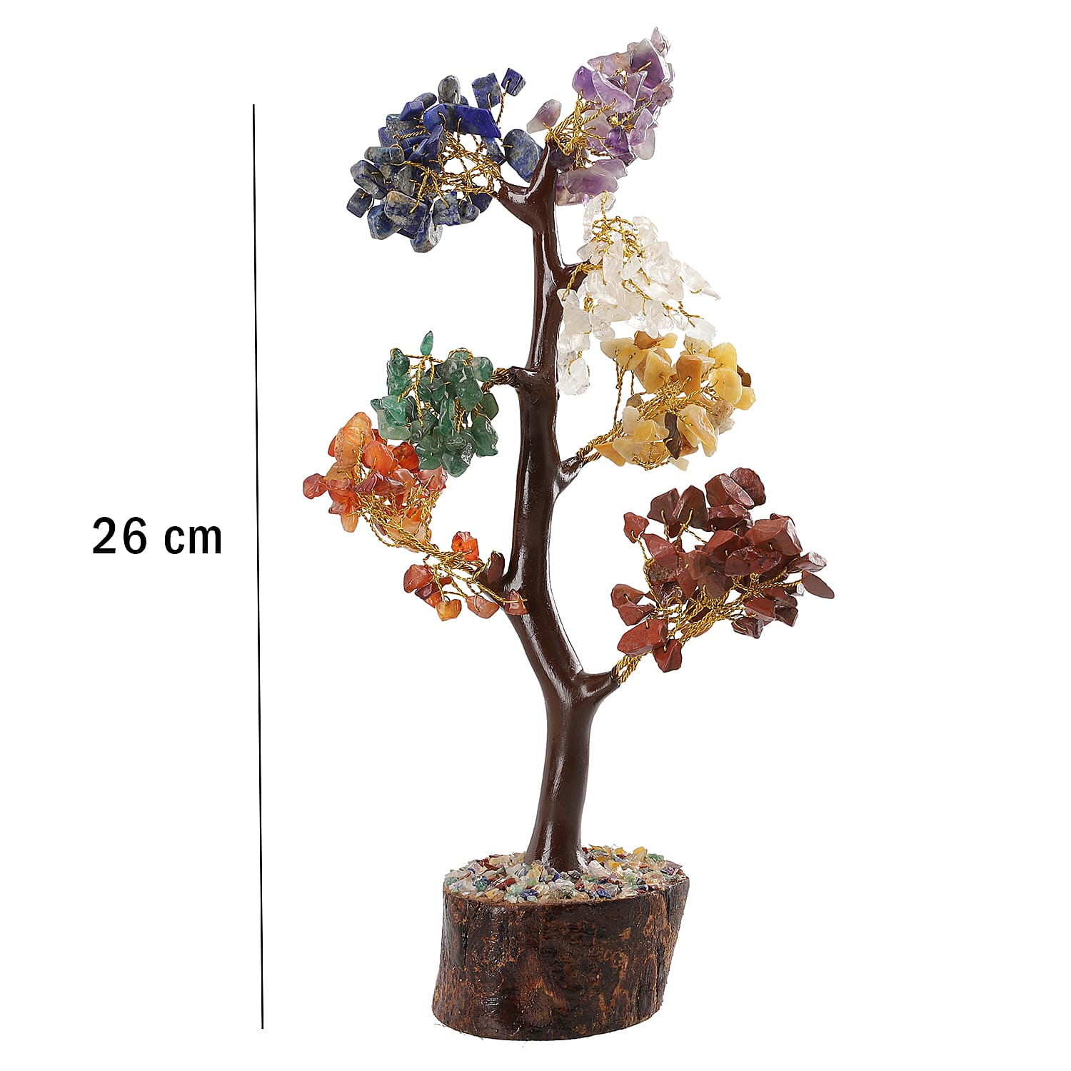 Gem Treasures - Decorative Handmade Multi 7 Chakra  Gemstone Tree with Wooden Base, Size (23x5 Cm)