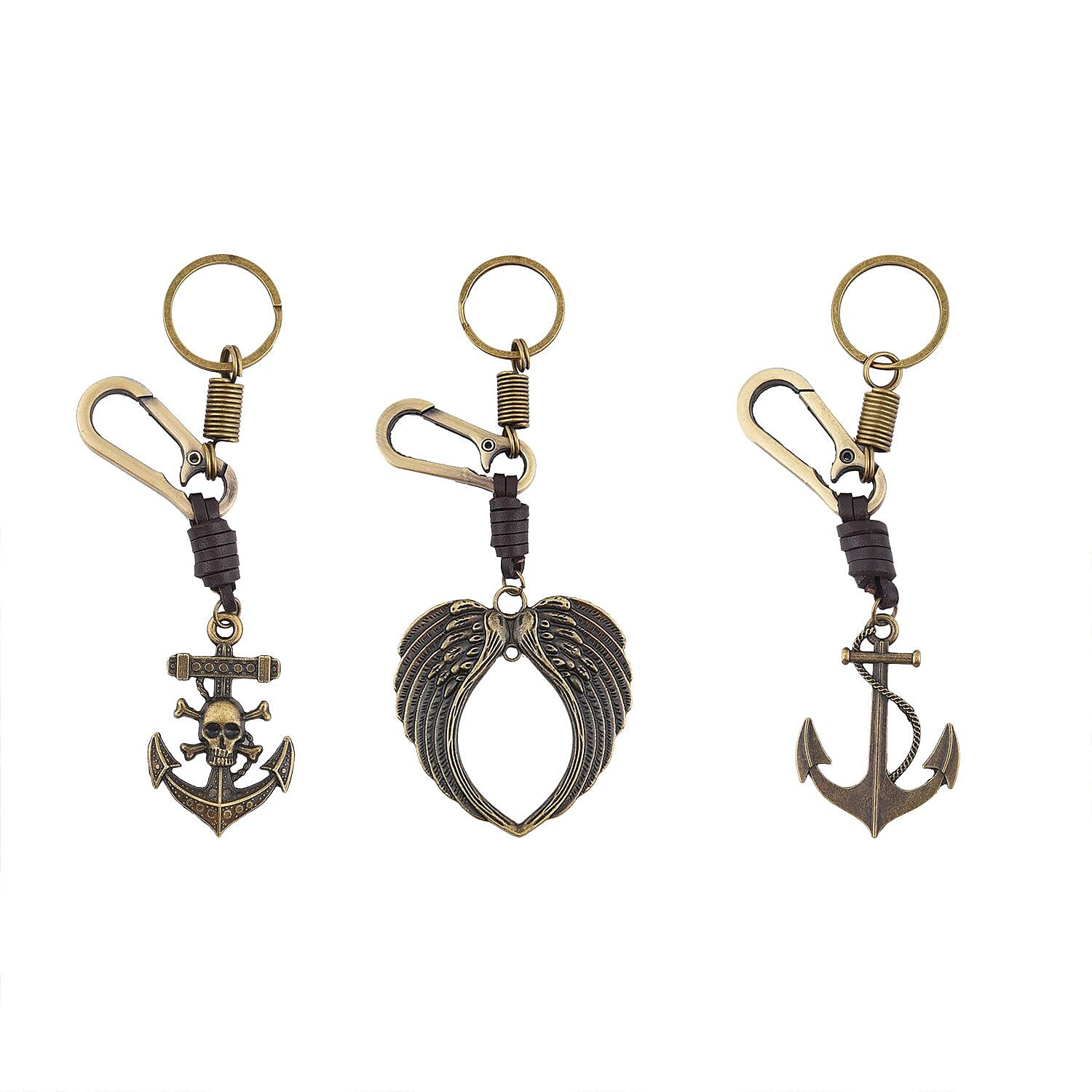 Set of 3 - Skull, Wing and Anchor Shape Keychains (Size 11 Cm) - Bronze