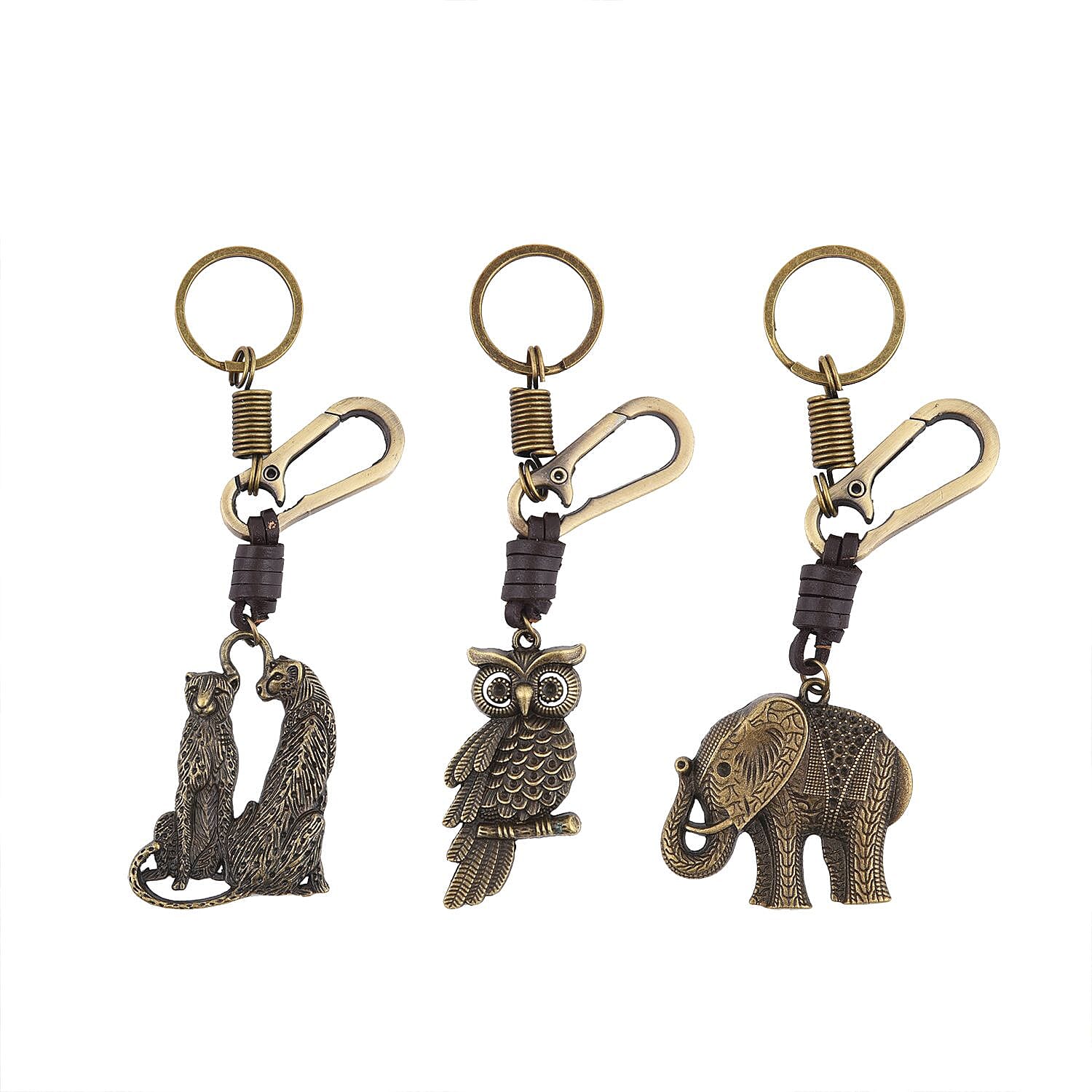 Set of 3 - Owl, Elephant and Leopard Shape Keychains (Size 11 Cm) - Bronze