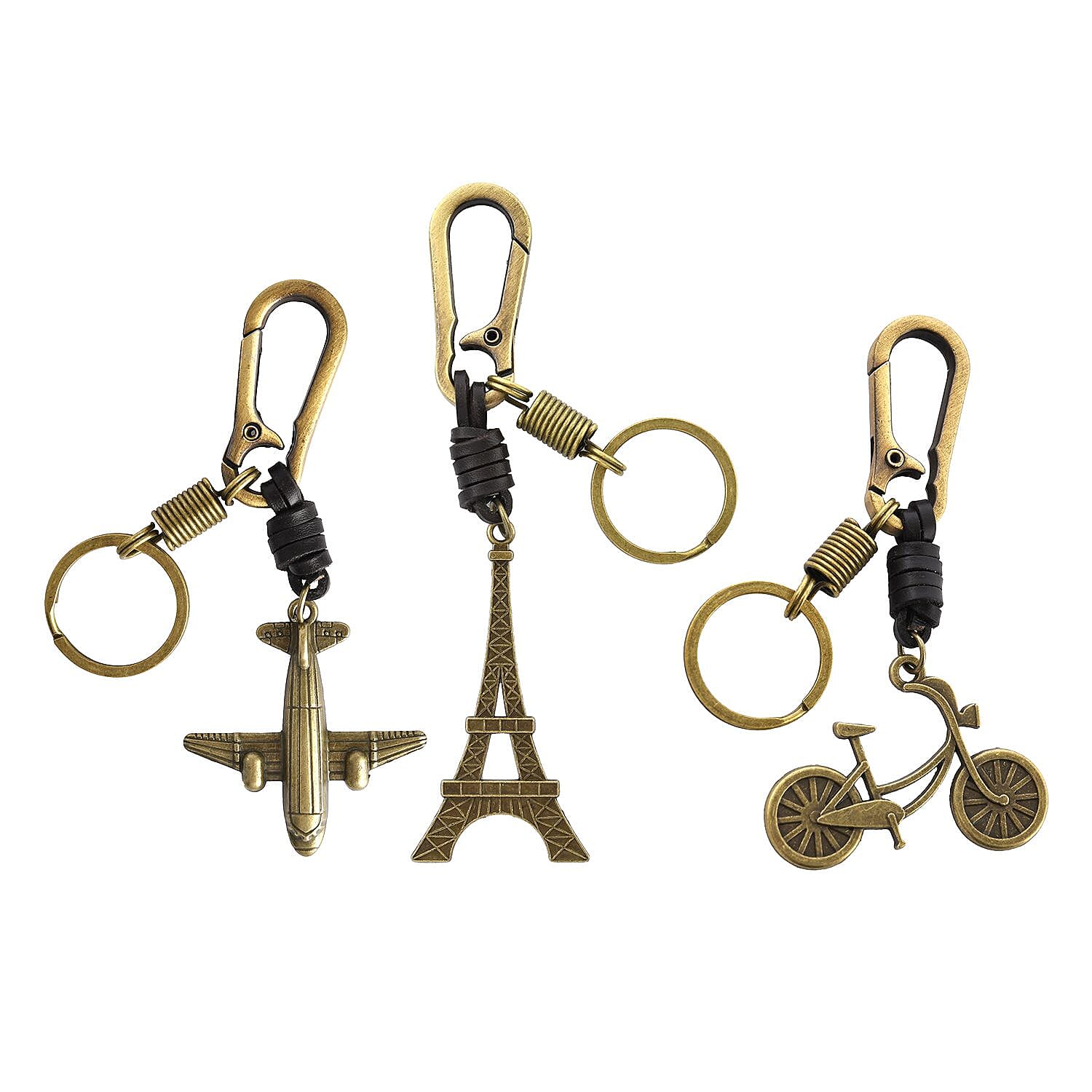 Set of 3 - Airplane, Bicycle - Eiffel Tower Shape Keychains (Size 11 Cm) - Bronze