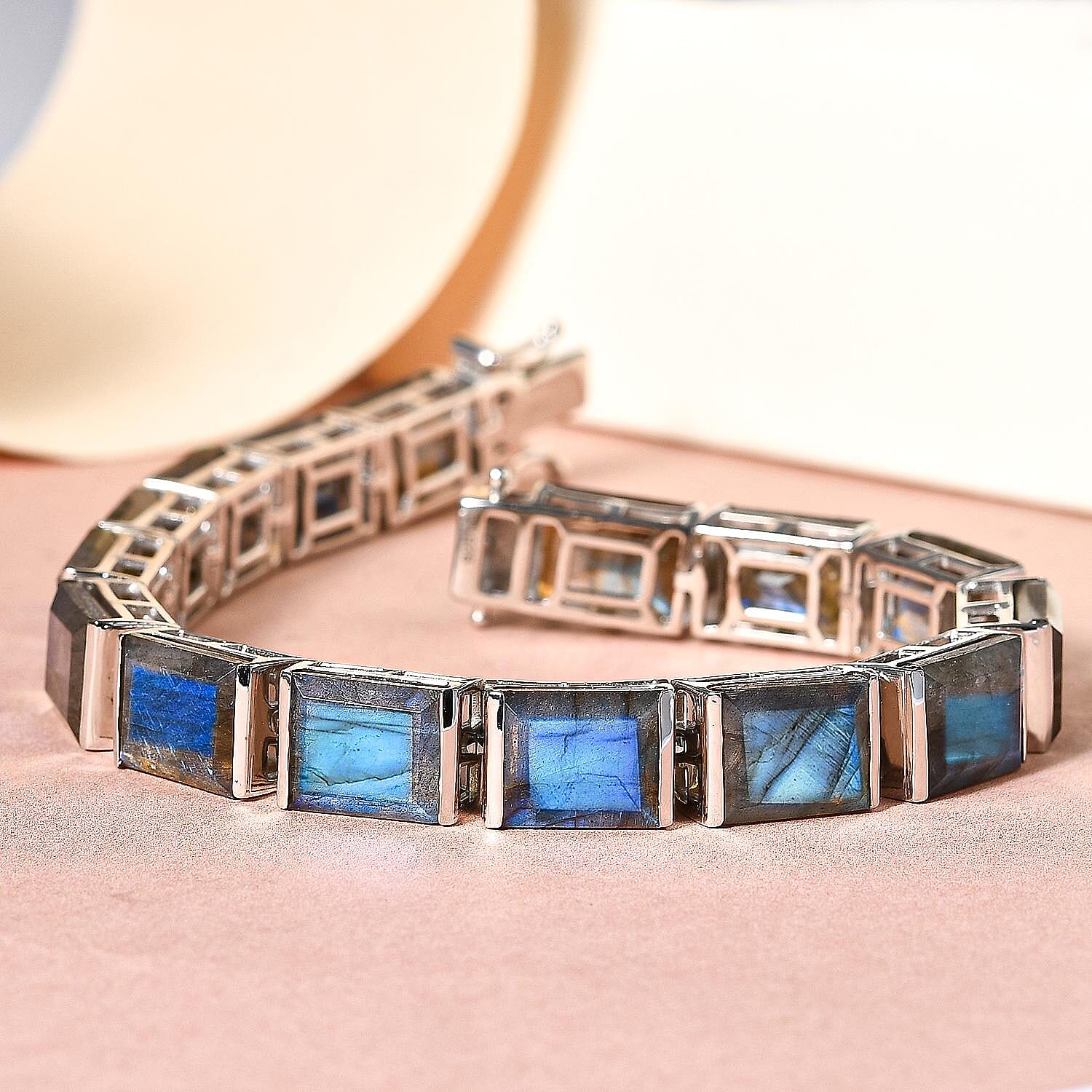 Labradorite Bracelet (Size - 7) in Platinum Overlay Sterling Silver 51.645 Ct, Silver Wt 15.50 Gms