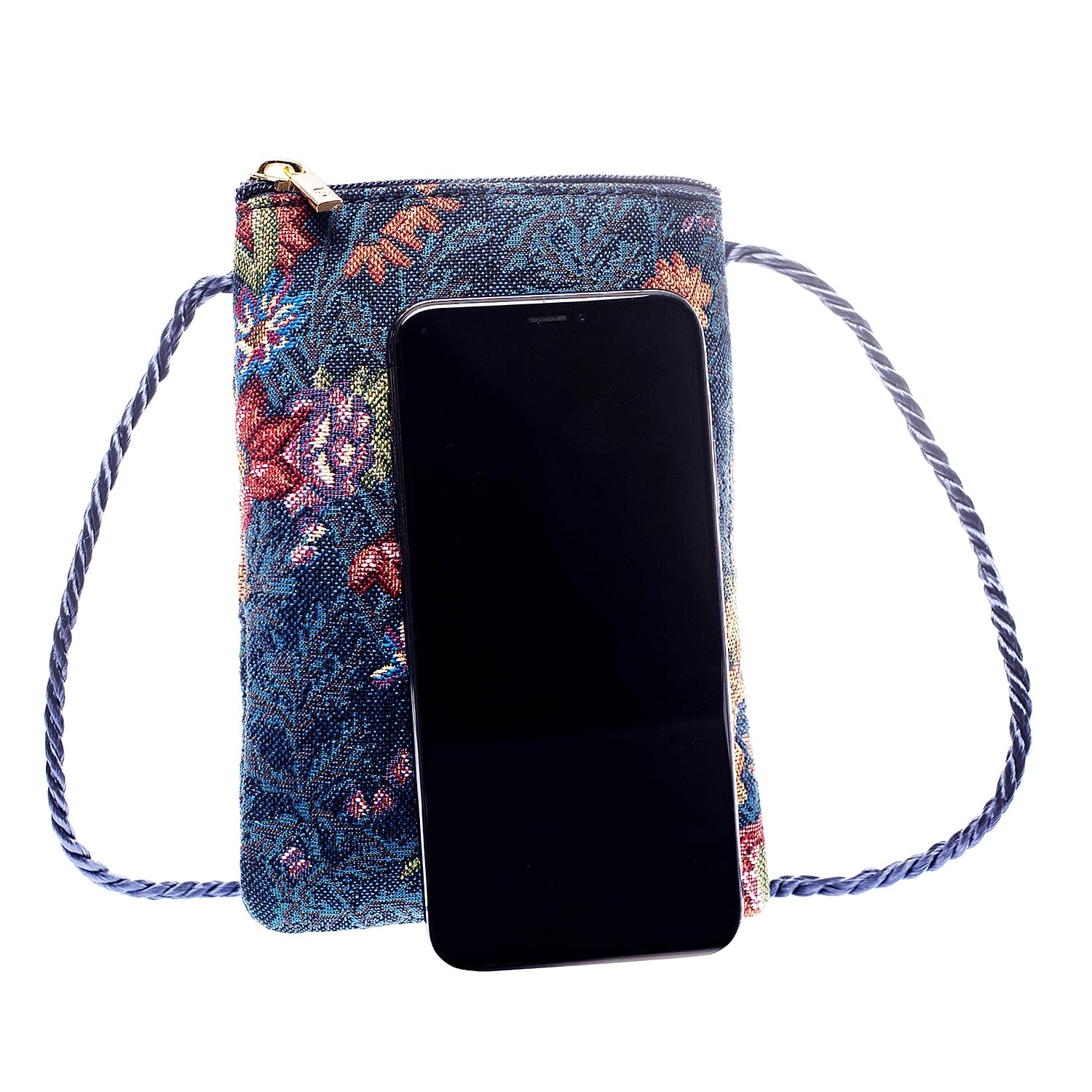 Signare Tapestry - Flower Meadow Crossbody Phone Bag (Size 17x12 Cm) - Navy