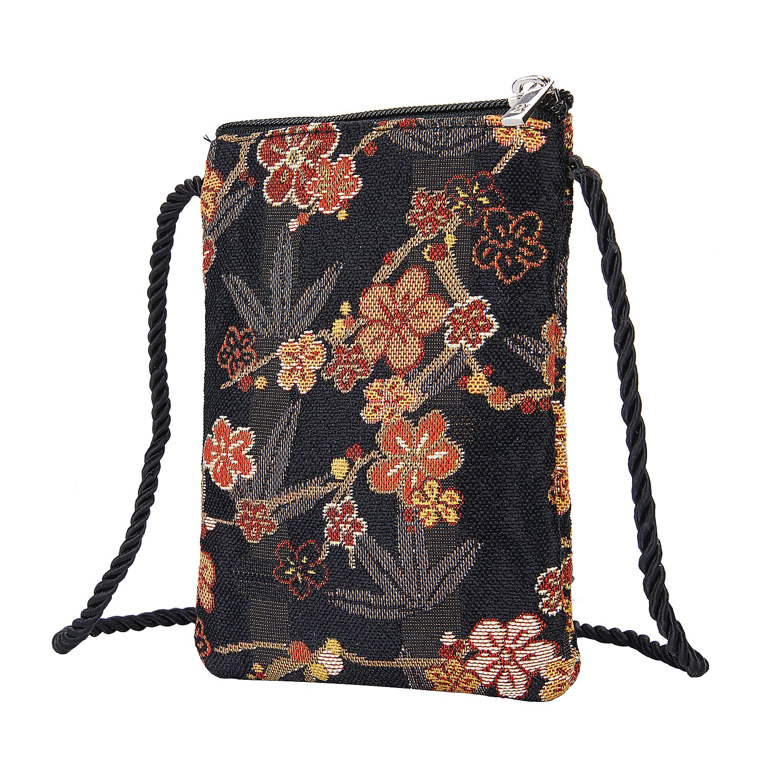 Signare Tapestry - Ume Sakura Crossbody Phone Bag (Size 17x12 Cm) - Black