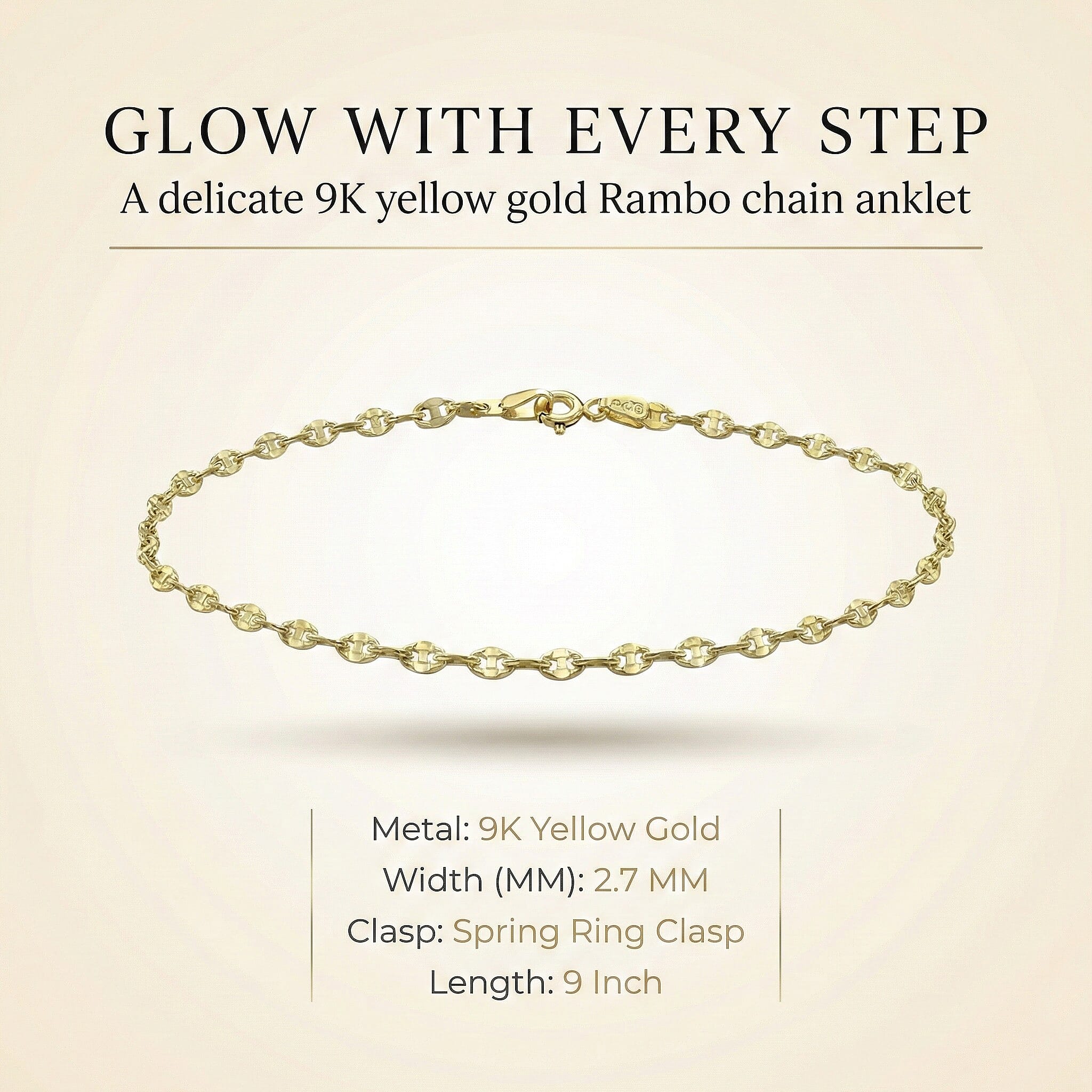 9K Yellow Gold Rambo Chain Anklet 9 Inch