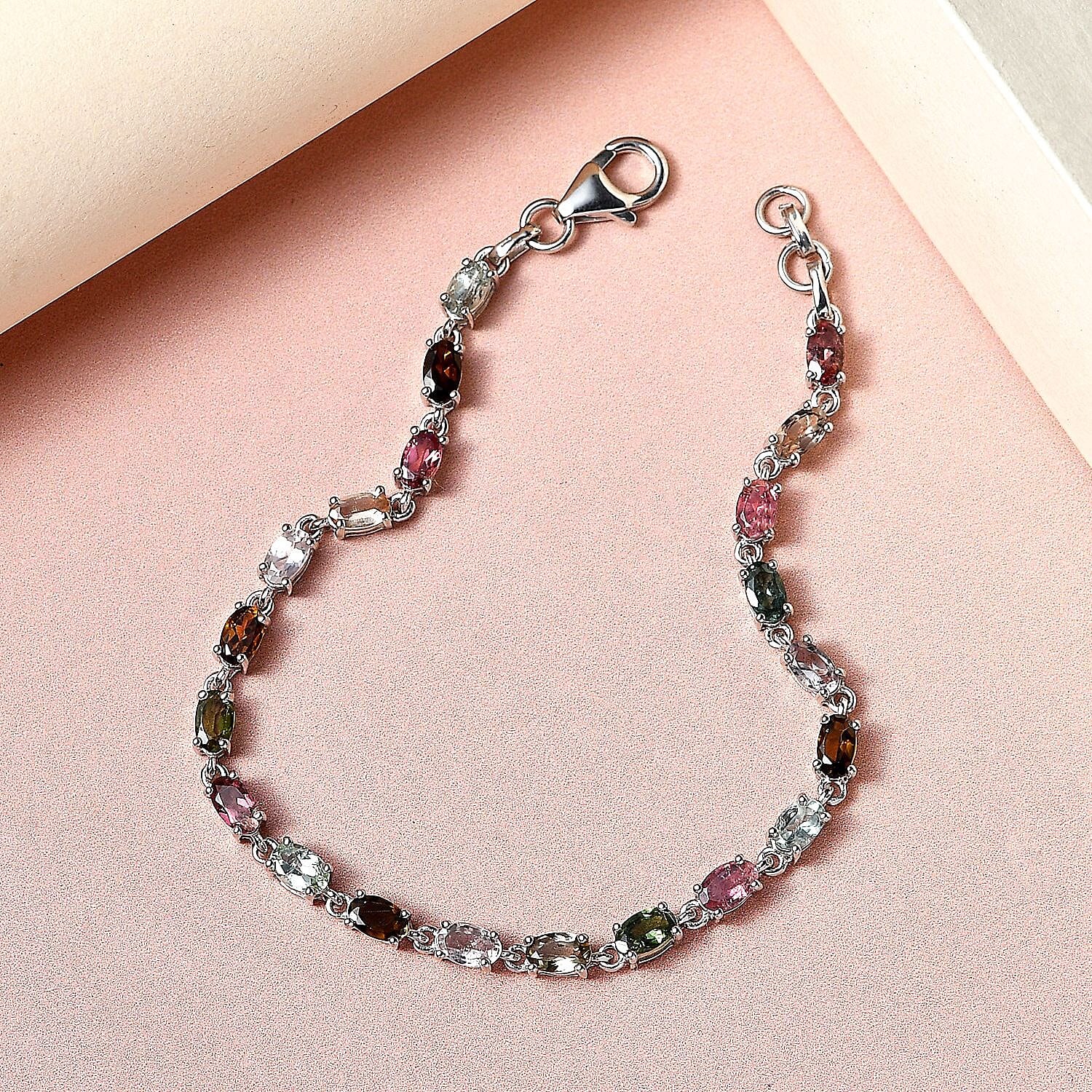 One Time Deal- Rainbow Tourmaline Bracelet (Size - 7.5) in Platinum Overlay Sterling Silver