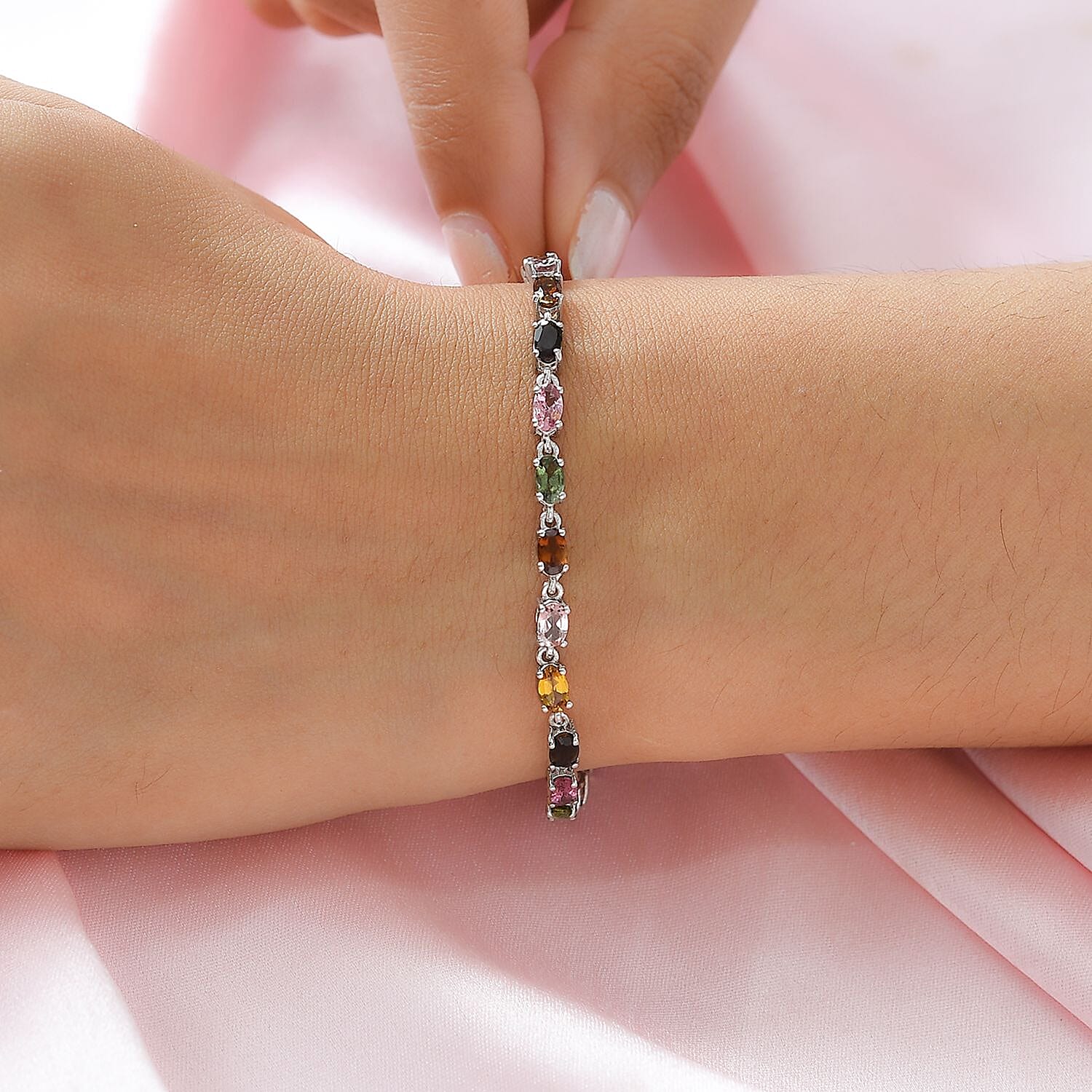 One Time Deal - Rainbow Tourmaline Bracelet (Size - 8) with Lobster Clasp in Platinum Overlay Sterling Silver 5.57 Ct, Silver Wt. 5.25 Gms.