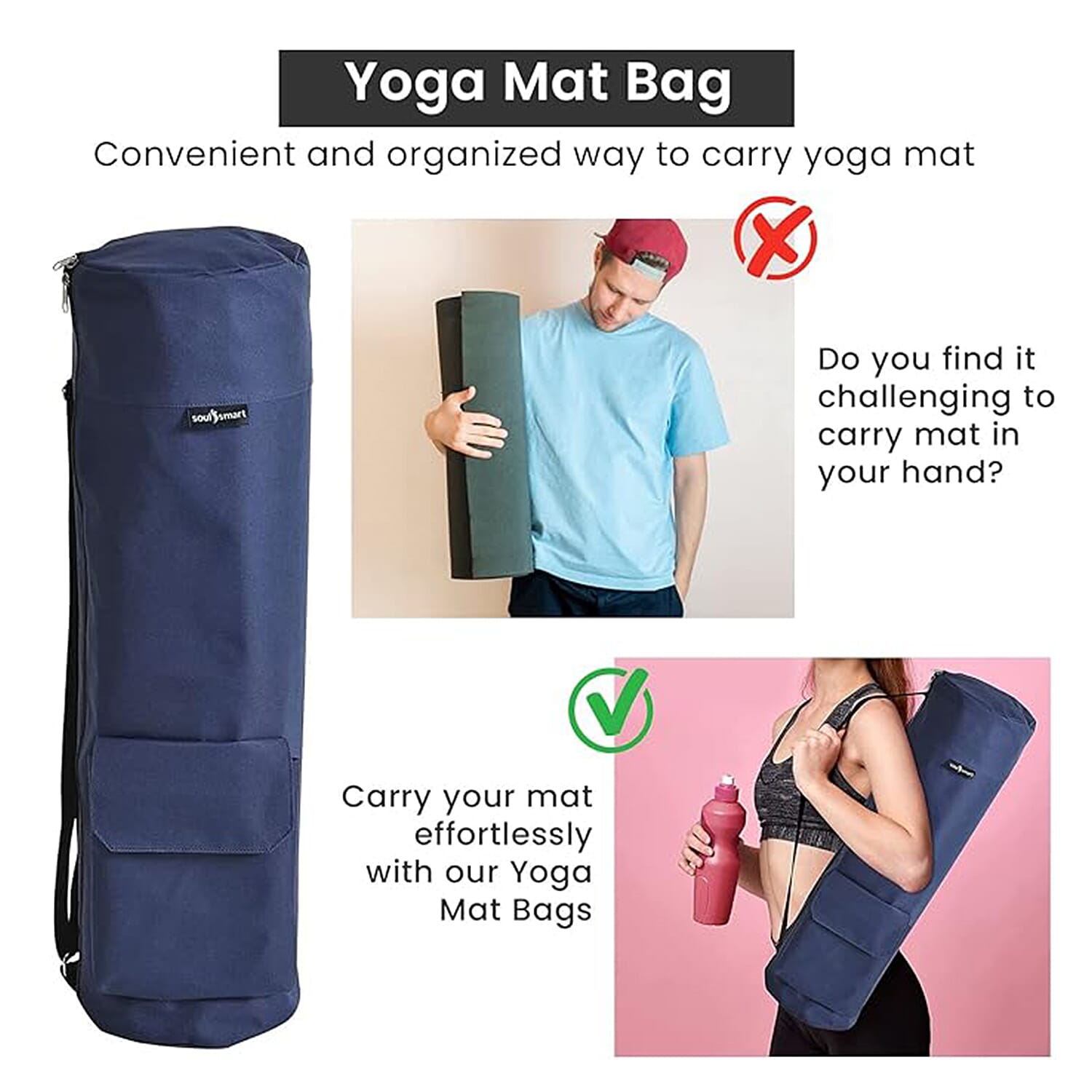 Soul Smart Solid Yoga Bag with Shoulder Strap (Size 70x20 cm) - Navy Blue