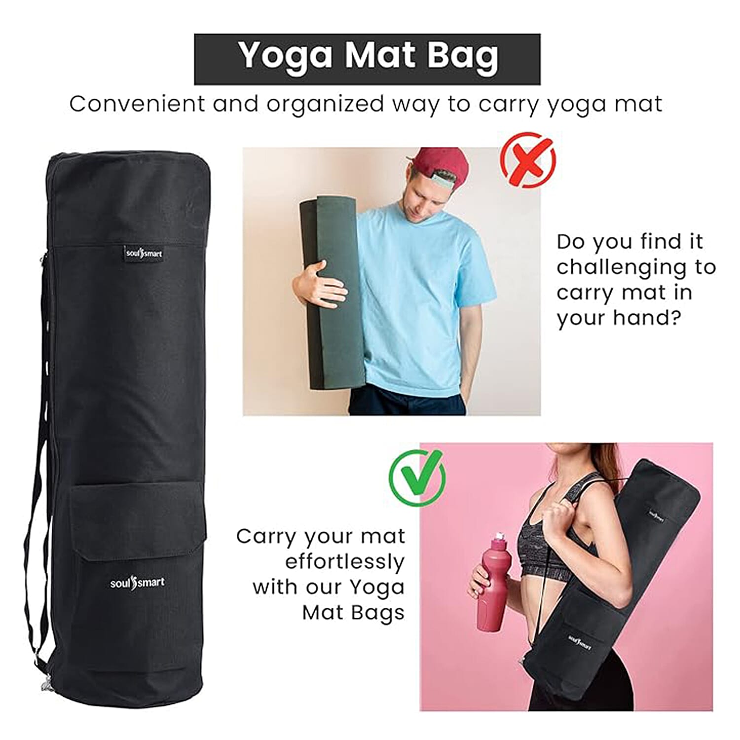 Soul Smart Solid Yoga Bag With Shoulder Strap (Size-70x20) Black