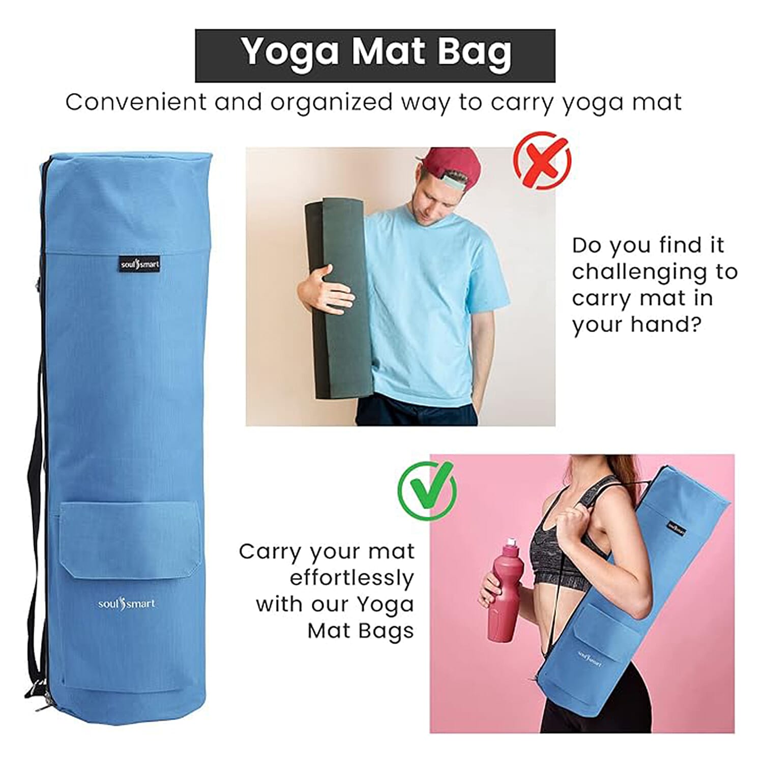 Soul Smart Solid Yoga Bag with Shoulder Strap (Size 70x20 cm) - Light Blue
