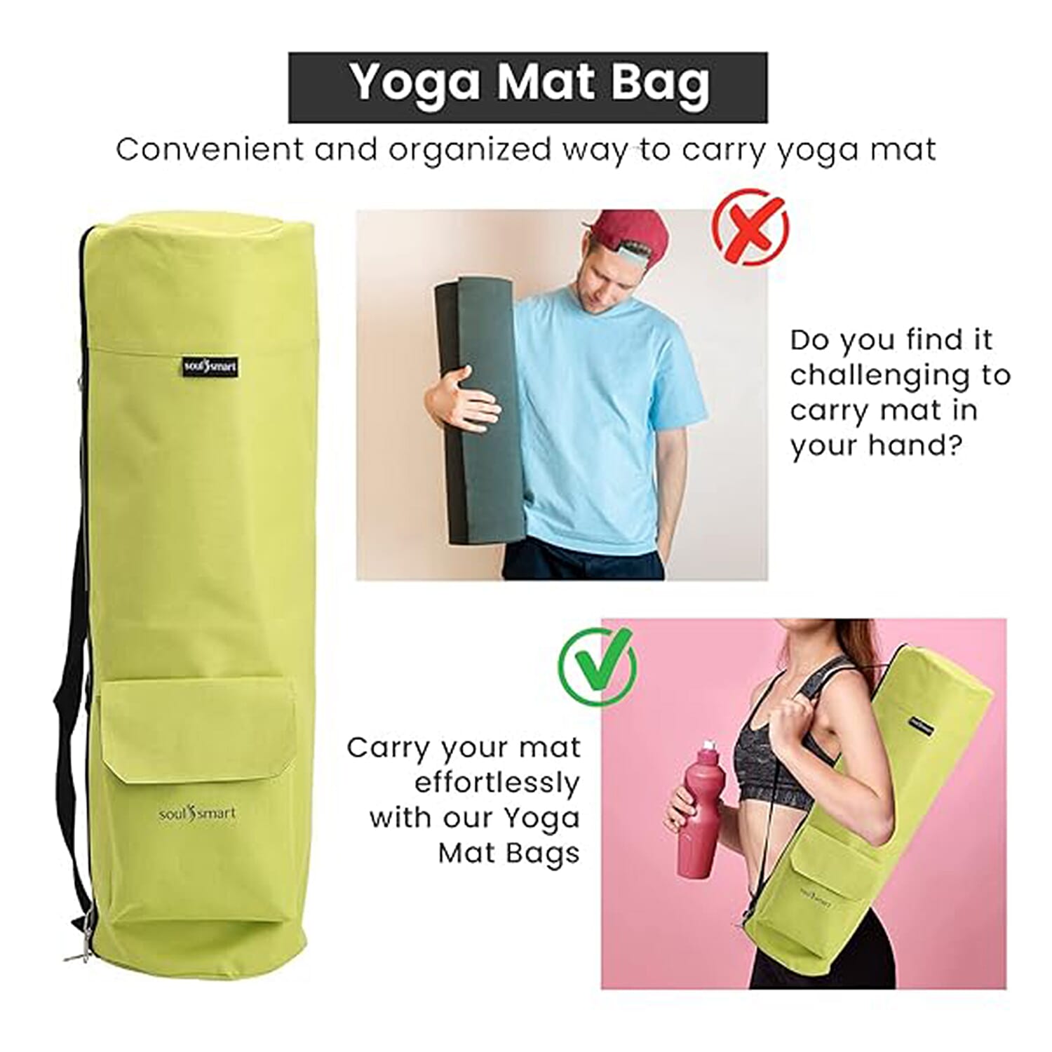 Soul Smart Solid Yoga Bag with Shoulder Strap (Size 70x20 cm) - Light Green