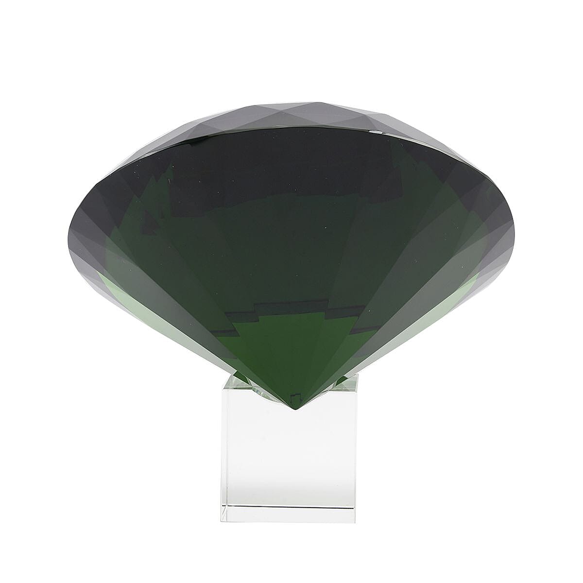 Diamond Shaped Green Coloured Crystal With Cubed Base and a Pair of Gloves