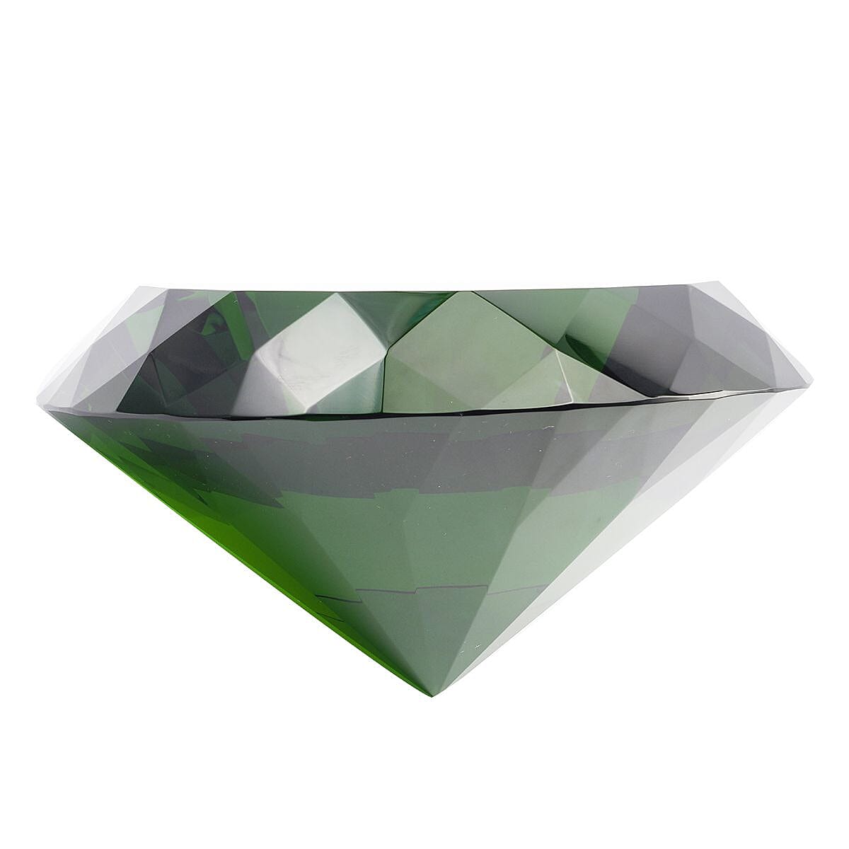 Diamond Shaped Green Coloured Crystal With Cubed Base and a Pair of Gloves