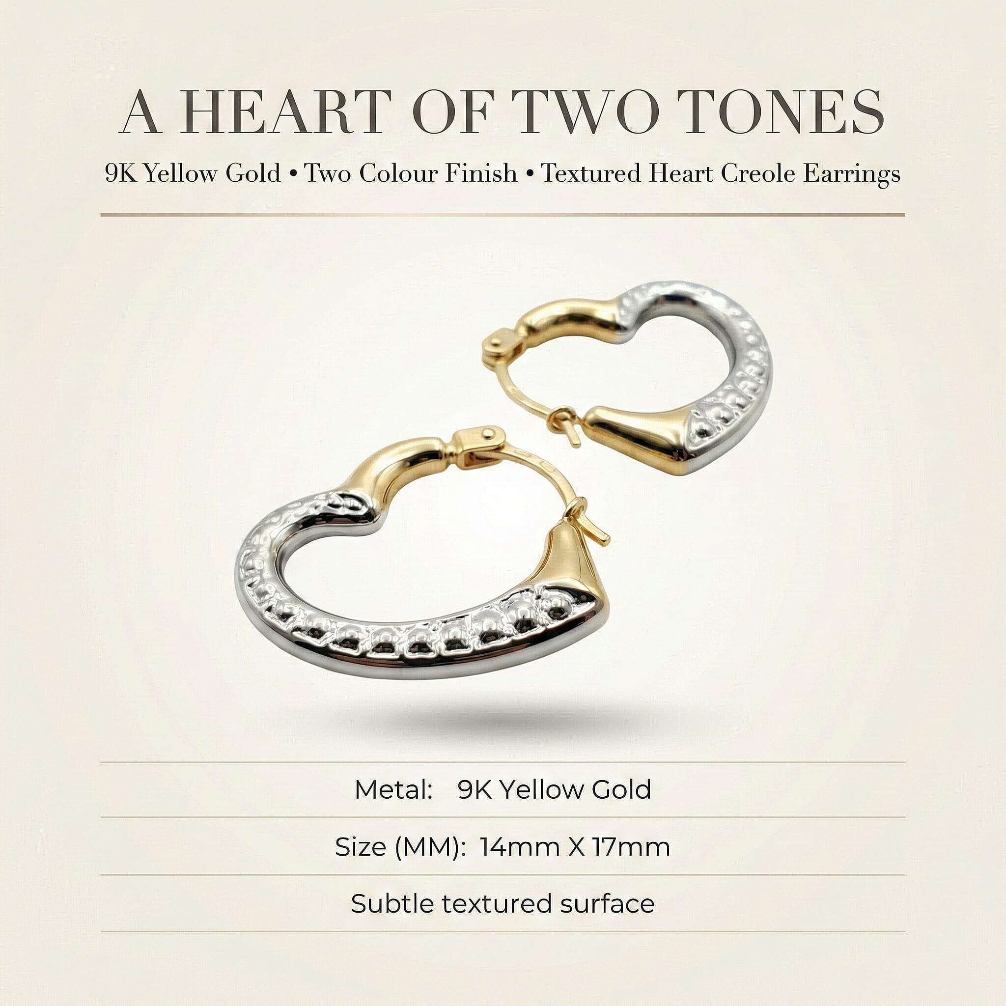 9K Yellow Gold Two Colour 14mm X 17mm Textured Heart Creole Earrings