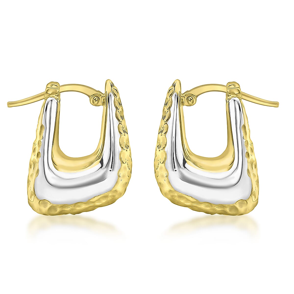 9K Two Colour Gold 14.5mm X 18.5mm Textured Rectangle Electroform Hoop Earrings