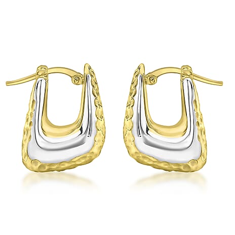 9K Two Colour Gold 14.5mm X 18.5mm Textured Rectangle Electroform Hoop Earrings