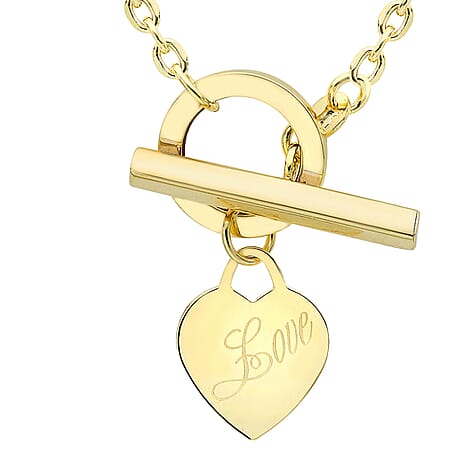 9K Yellow Gold 'Love' Heart Tag Trace Chain T Bar Necklace 18 Inch