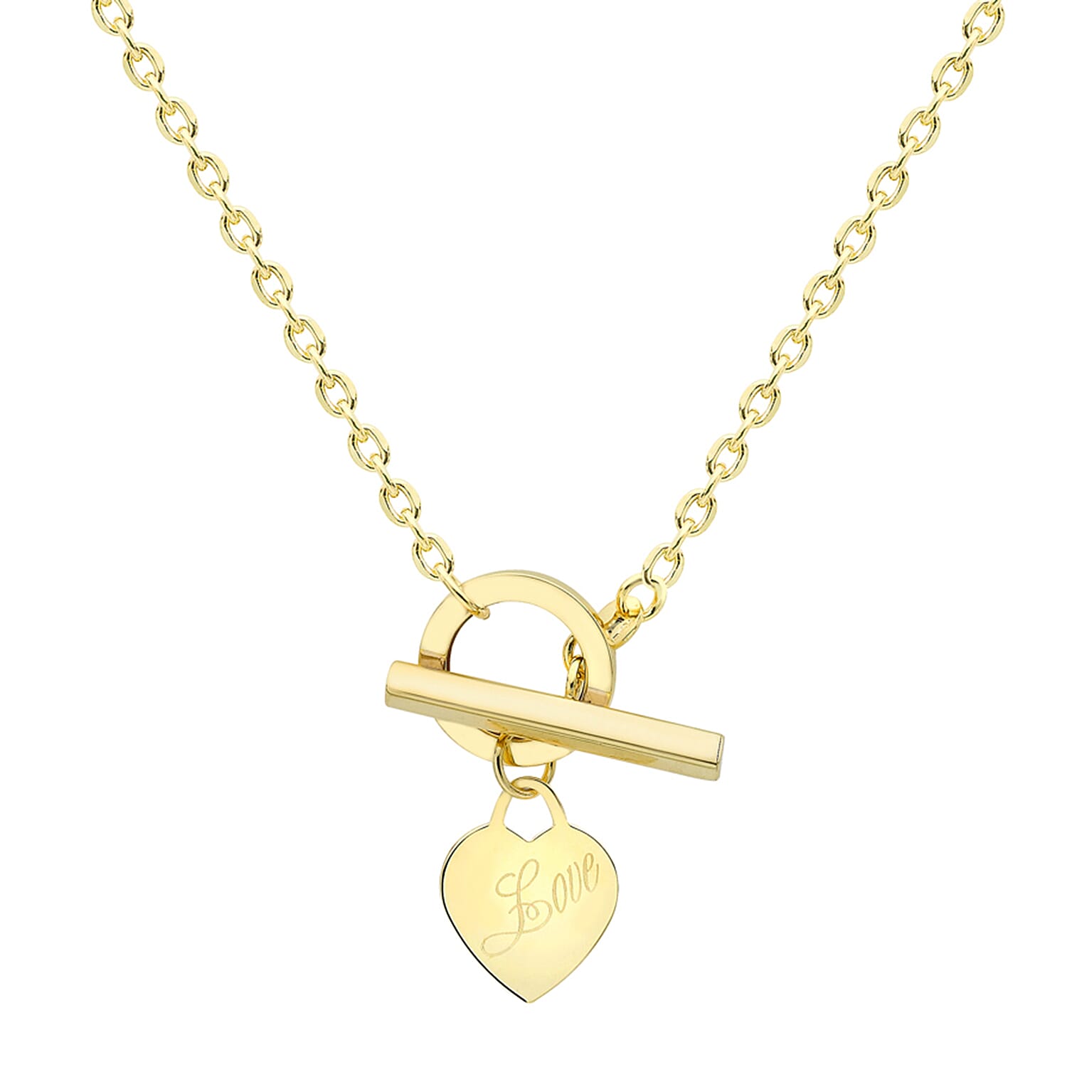 9K Yellow Gold 'Love' Heart Tag Trace Chain T Bar Necklace 18 Inch