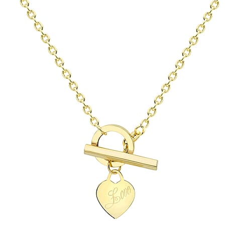 9K Yellow Gold 'Love' Heart Tag Trace Chain T Bar Necklace 18 Inch