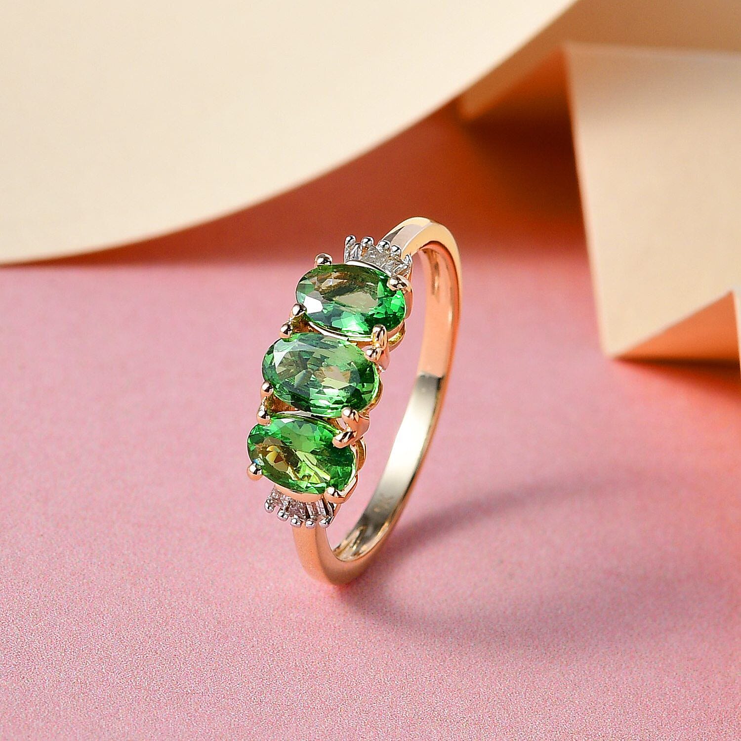 9K Yellow Gold Tsavorite Garnet and Diamond Trilogy Ring 1.40 Ct.