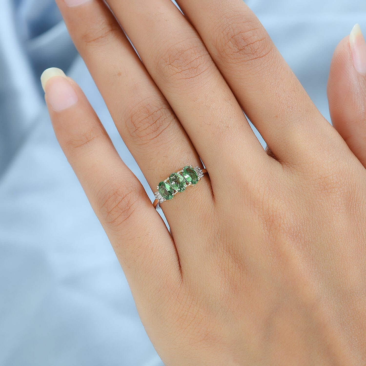 9K Yellow Gold Tsavorite Garnet and Diamond Trilogy Ring 1.40 Ct.