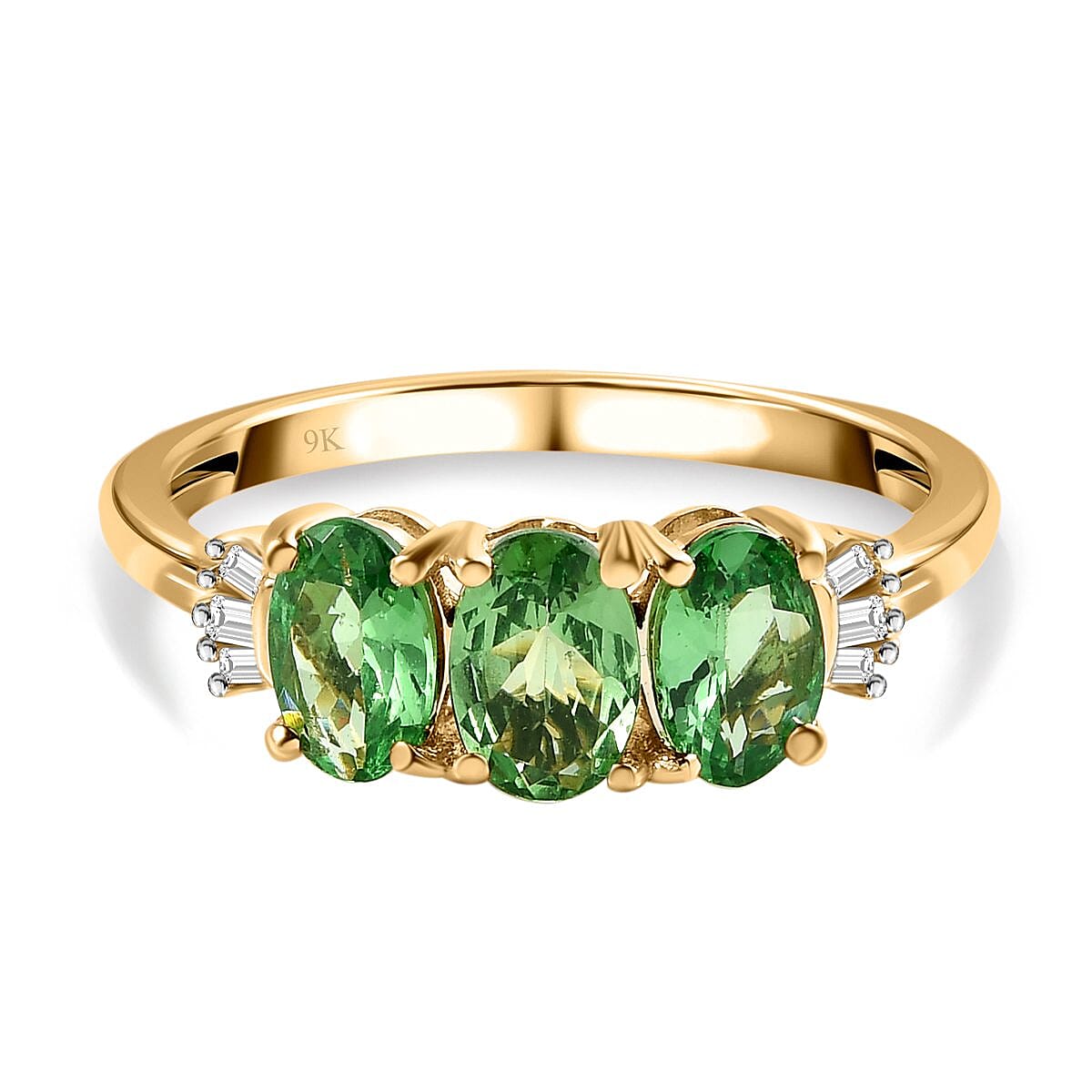 9K Yellow Gold Tsavorite Garnet and Diamond Trilogy Ring 1.40 Ct.