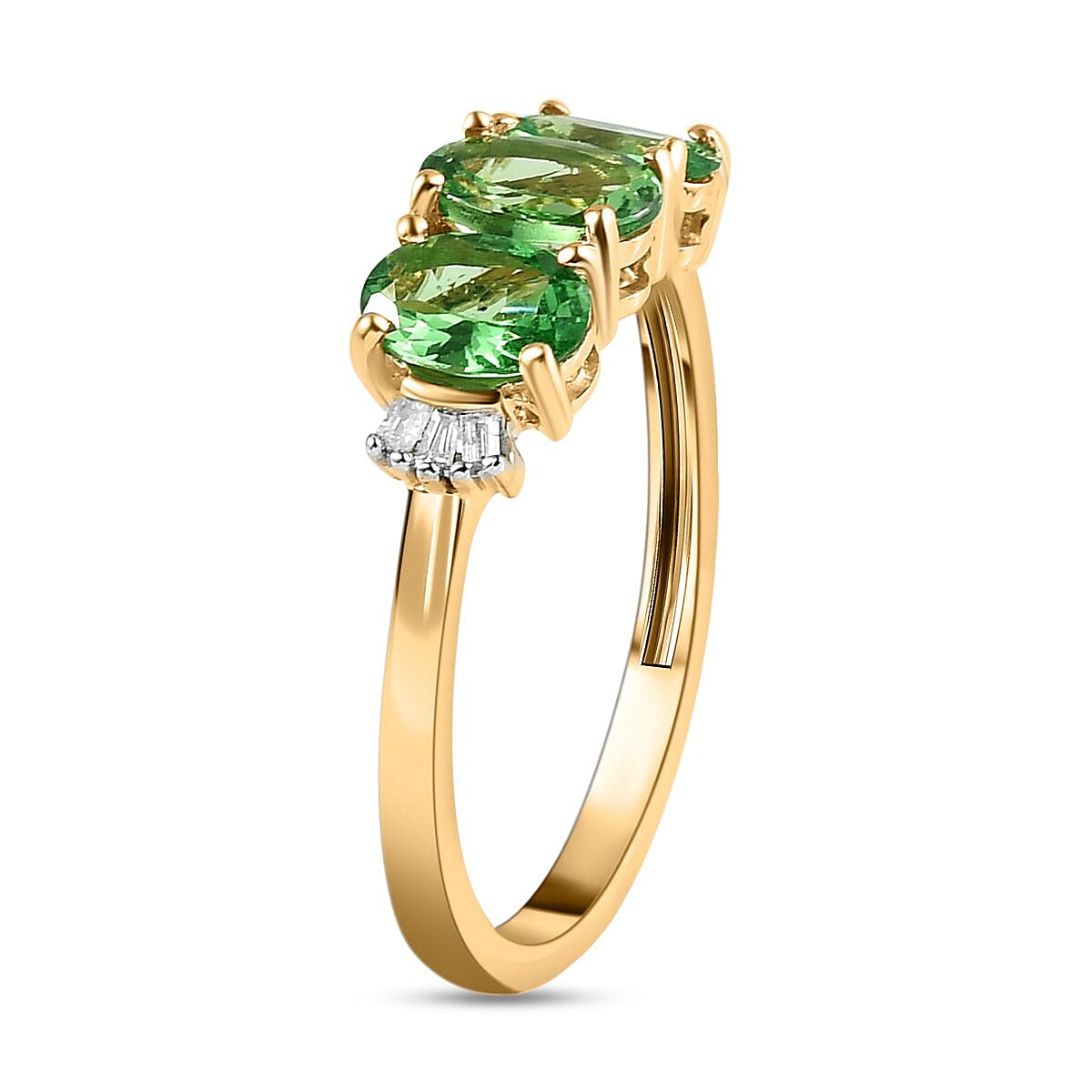 9K Yellow Gold Tsavorite Garnet and Diamond Trilogy Ring 1.40 Ct.