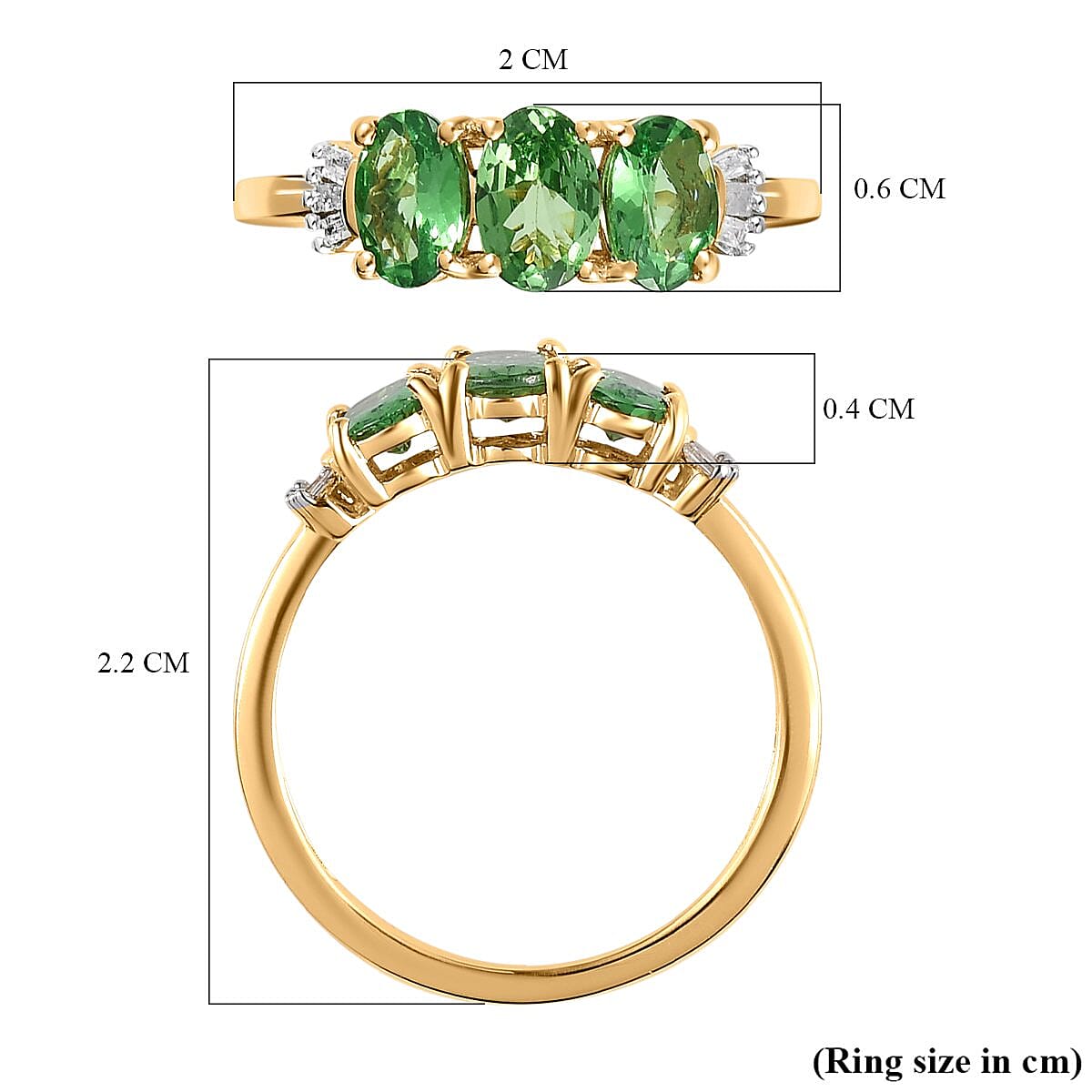 9K Yellow Gold Tsavorite Garnet and Diamond Trilogy Ring 1.40 Ct.