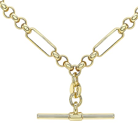 9K Yellow Gold 24.8mm X 1.7mm T Bar Figaro Belcher Chain Albert Clasp Necklace 18 Inch