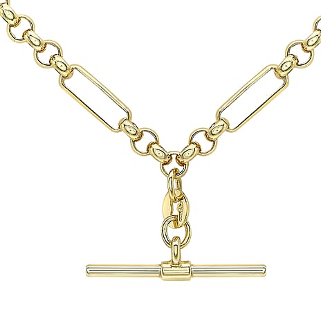 9K Yellow Gold 24.8mm X 1.7mm T Bar Figaro Belcher Chain Albert Clasp Necklace 18 Inch