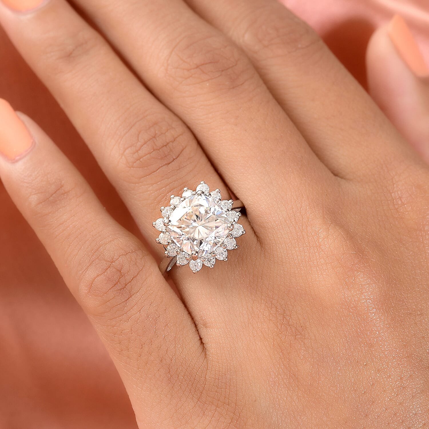 Moissanite Ring in Platinum Overlay Sterling Silver 4.95 Ct.