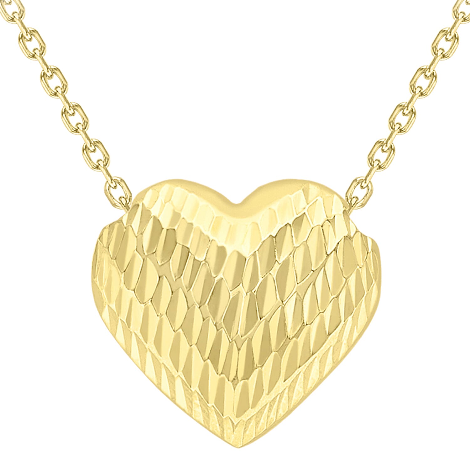 9K Yellow Gold 12.2mm X 11.2mm Diamond Cut Sliding Heart Necklace 17.75 Inch
