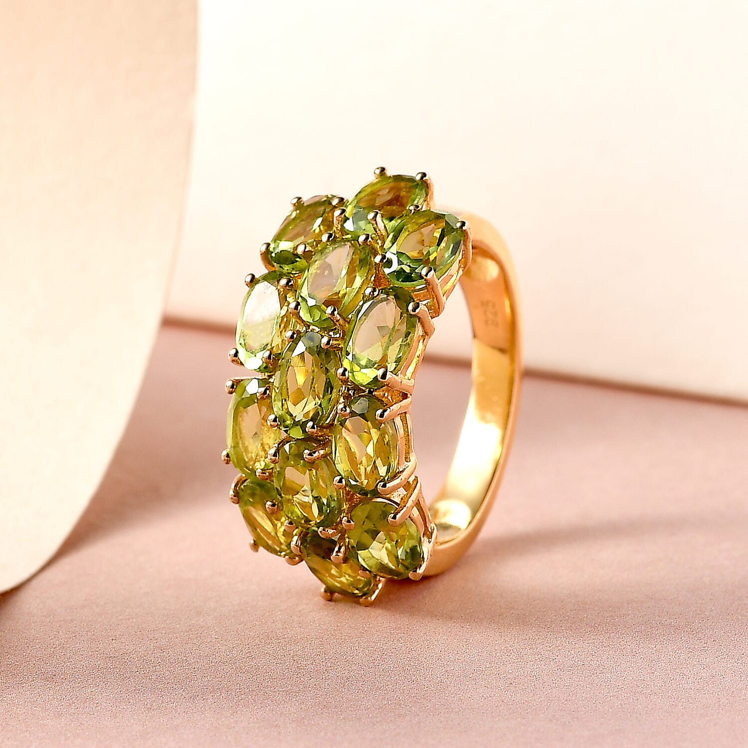 Natural Hebei Peridot Cluster Ring in 18K Vermeil Yellow Gold Overlay Sterling Silver 5.86 Ct.