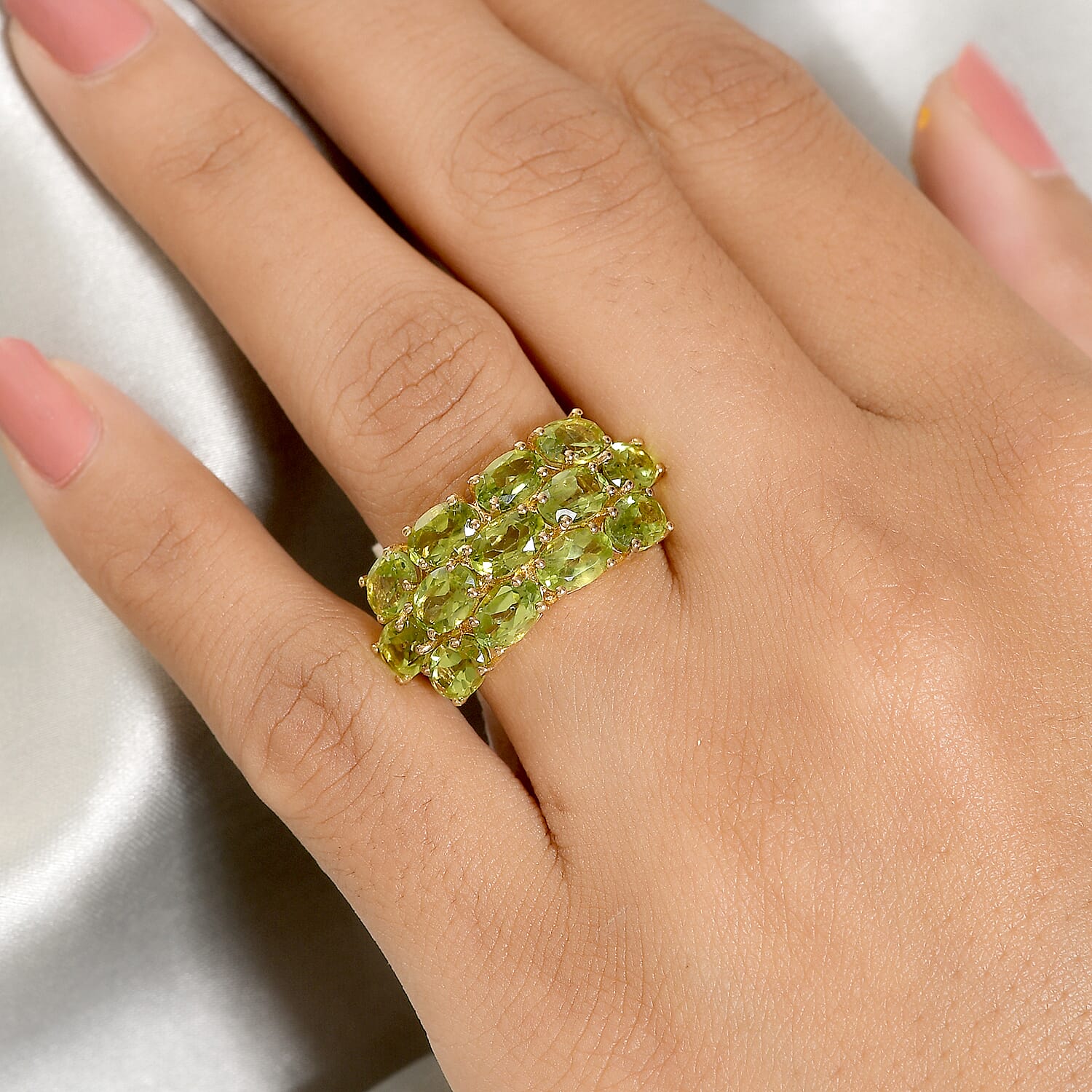 Natural Hebei Peridot Cluster Ring in 18K Vermeil Yellow Gold Overlay Sterling Silver 5.86 Ct.