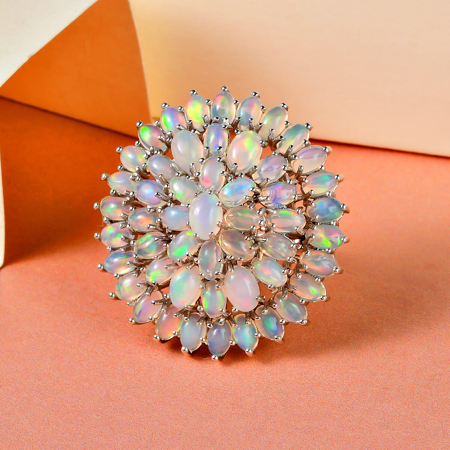 Ethiopian Welo Opal Cluster Ring in Platinum Overlay Sterling Silver 9.39 Ct, Silver Wt. 9.80 Gms