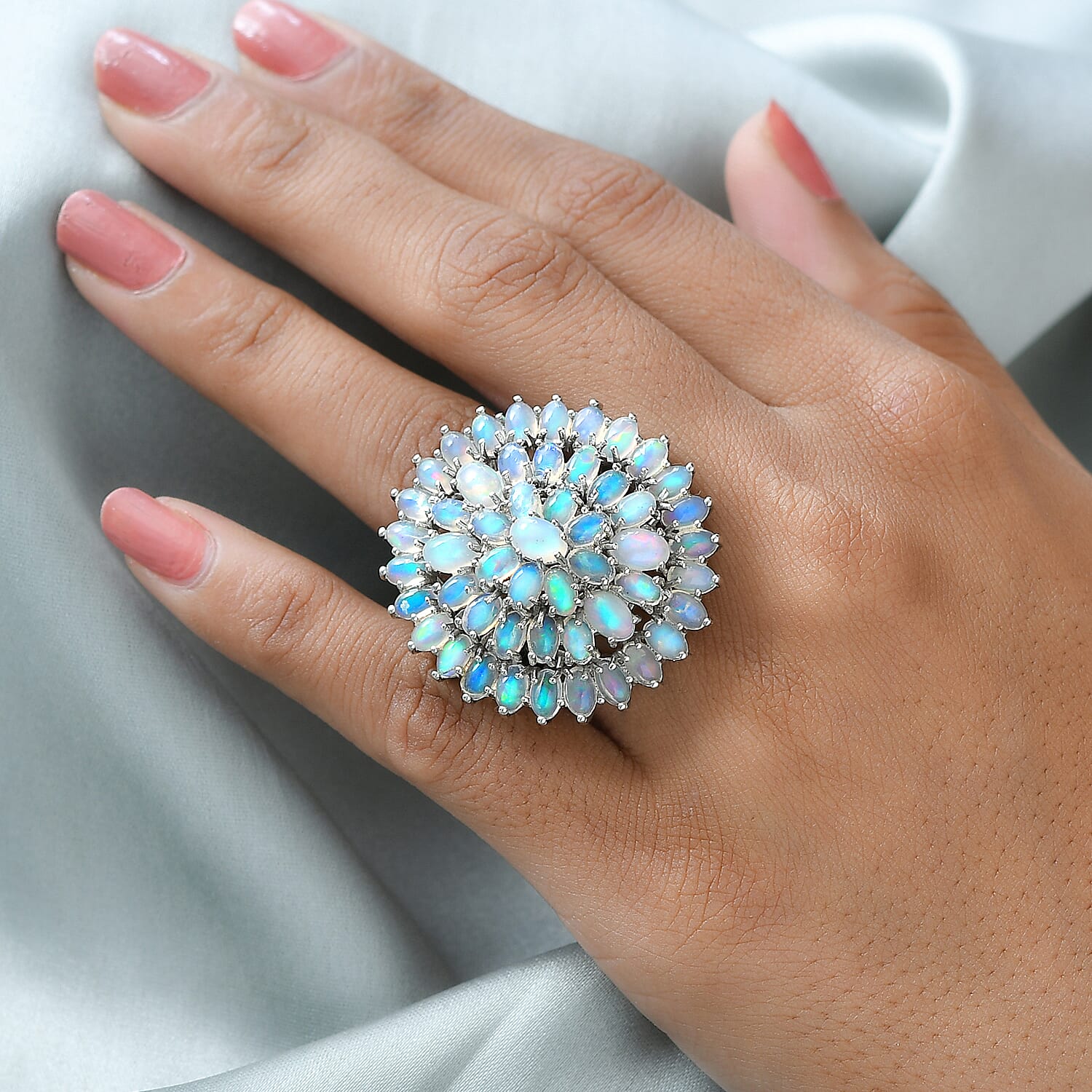 Ethiopian Welo Opal Cluster Ring in Platinum Overlay Sterling Silver 9.39 Ct, Silver Wt. 9.80 Gms