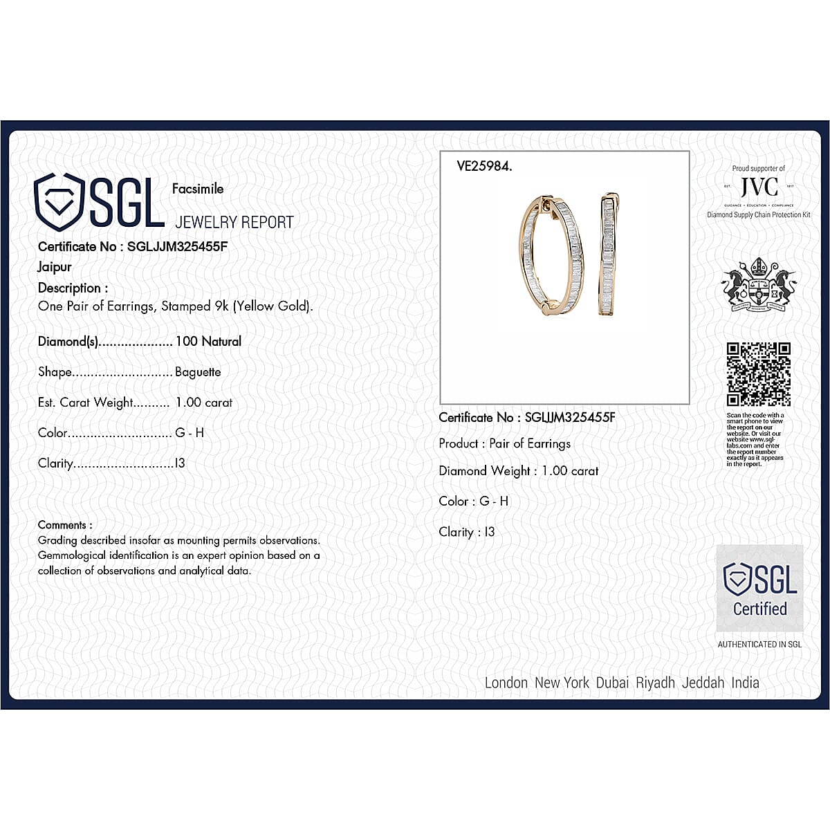 9K Yellow Gold SGL Certified Diamond (I3-G-H) Hoop Earrings 1.00 Ct.