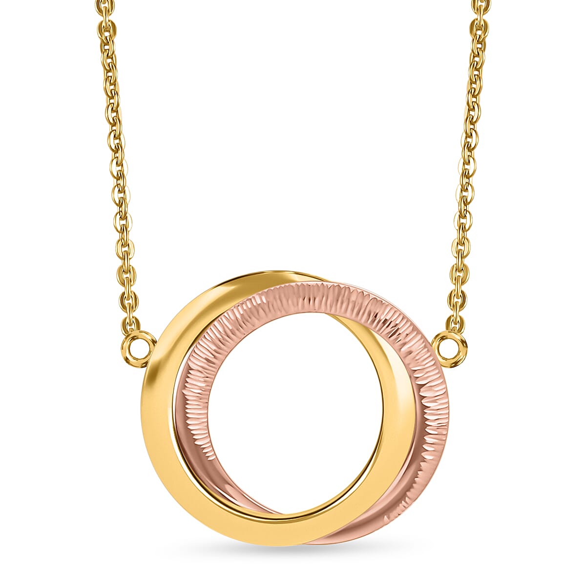 9K Two Colour Gold Diamond Cut 25mm X 20mm Double Ring Pendant Necklet 45.5Cm-17.9"