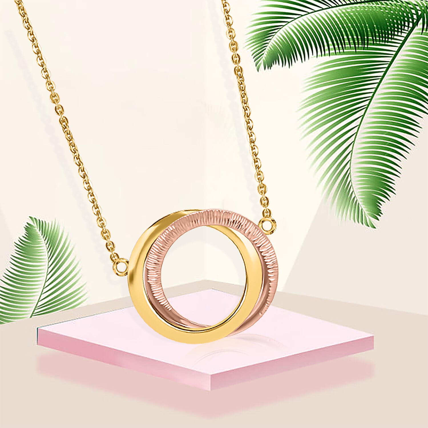 9K Two Colour Gold Diamond Cut 25mm X 20mm Double Ring Pendant Necklet 45.5Cm-17.9"