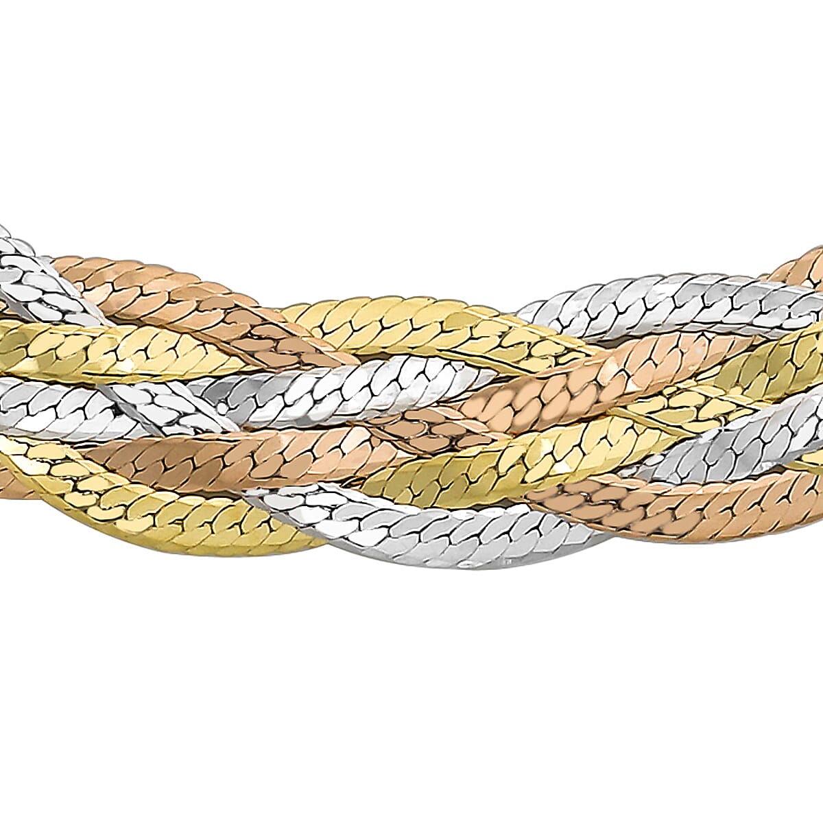 9K Three Colour Gold 6 Plait Textured Herringbone Necklace 16.5 Inch