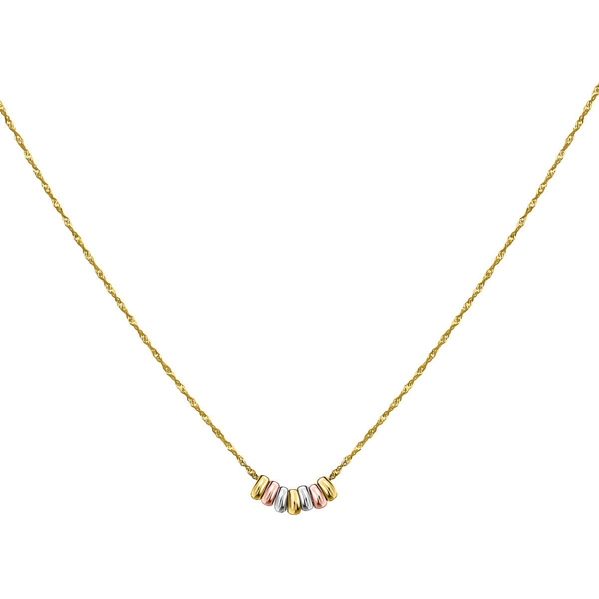 9K Three Colour Gold Mini 7 Lucky Rings Twist Curb Necklace 16 Inch