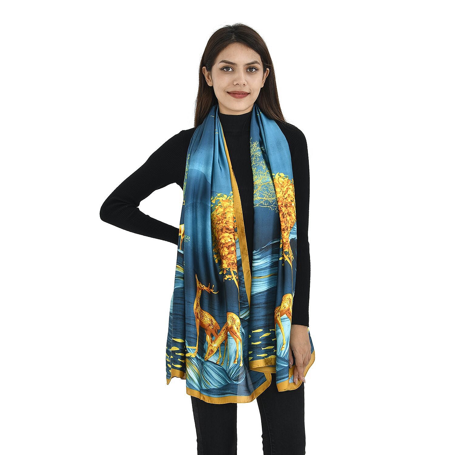 TAMSY Deer Pattern Scarf (Size 180x87 Cm) - Blue